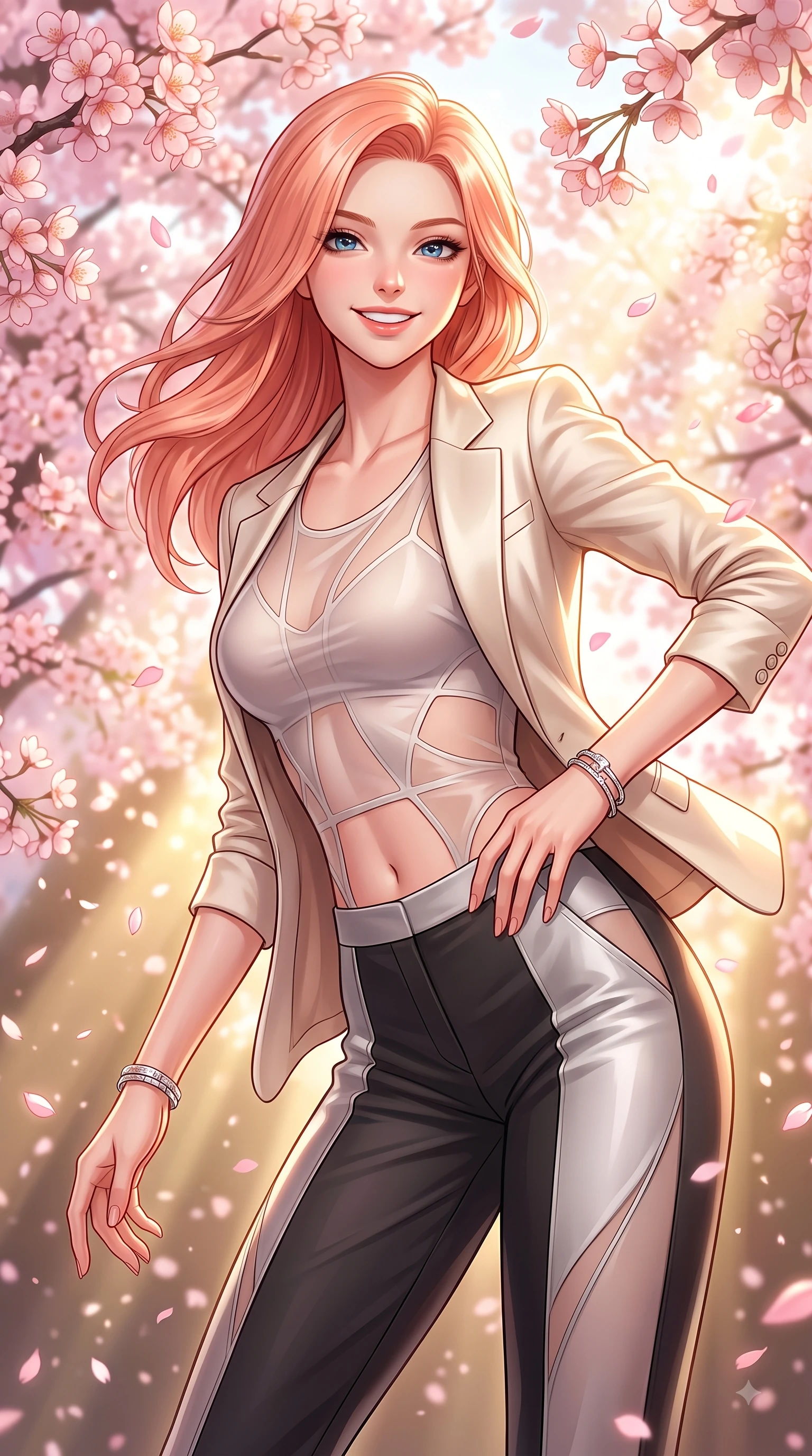 score_9, masterpiece, best quality, ultra-detailed, high-budget anime keyframe, editorial fashion photography, tasteful artistic composition, Japanese woman. close-up cowboy shot from the waist and thighs up, the character dominates the composition, filling the frame with her large presence, background elements kept in soft focus. Cheerful beaming smile with sparkling eyes and a fresh girlhood aura, leaning forward with playful grace while pivoting dynamically with a bright cute smile as pink sakura petals rain down like snow, dense canopies of pink cherry blossoms fluttering in a gentle spring morning breeze. She has an exceptionally elegant, slender, and willowy female figure with an ultra-slim waist, a gracefully sculpted slender torso, and a refined silhouette. sharp v-shaped jawline, high-bridge nose, intricate jewel-like eyes with depth, thick eyelashes, glossy lips with a natural sheen, flawlessly proportioned anatomical accuracy, natural body alignment, perfectly sculpted elegant limbs, clean dynamic posture without body distortion. wearing a tailored cream silk blazer over a form-contouring scoop-neck top and slacks in matte black and polished silver, woven from fine semi-opaque sheer organza, featuring subtle geometric cutouts that highlight her ultra-slim midriff, the elegant draped fit framing her graceful clavicle and slender torso. bathed in bright morning sunbeams and warm golden sakura backlighting. highly saturated vibrant anime colors, detailed shading with soft gradients, rich glossy textures, high-contrast stereoscopic depth, volumetric dynamic lighting, master piece, 9:16 ratio