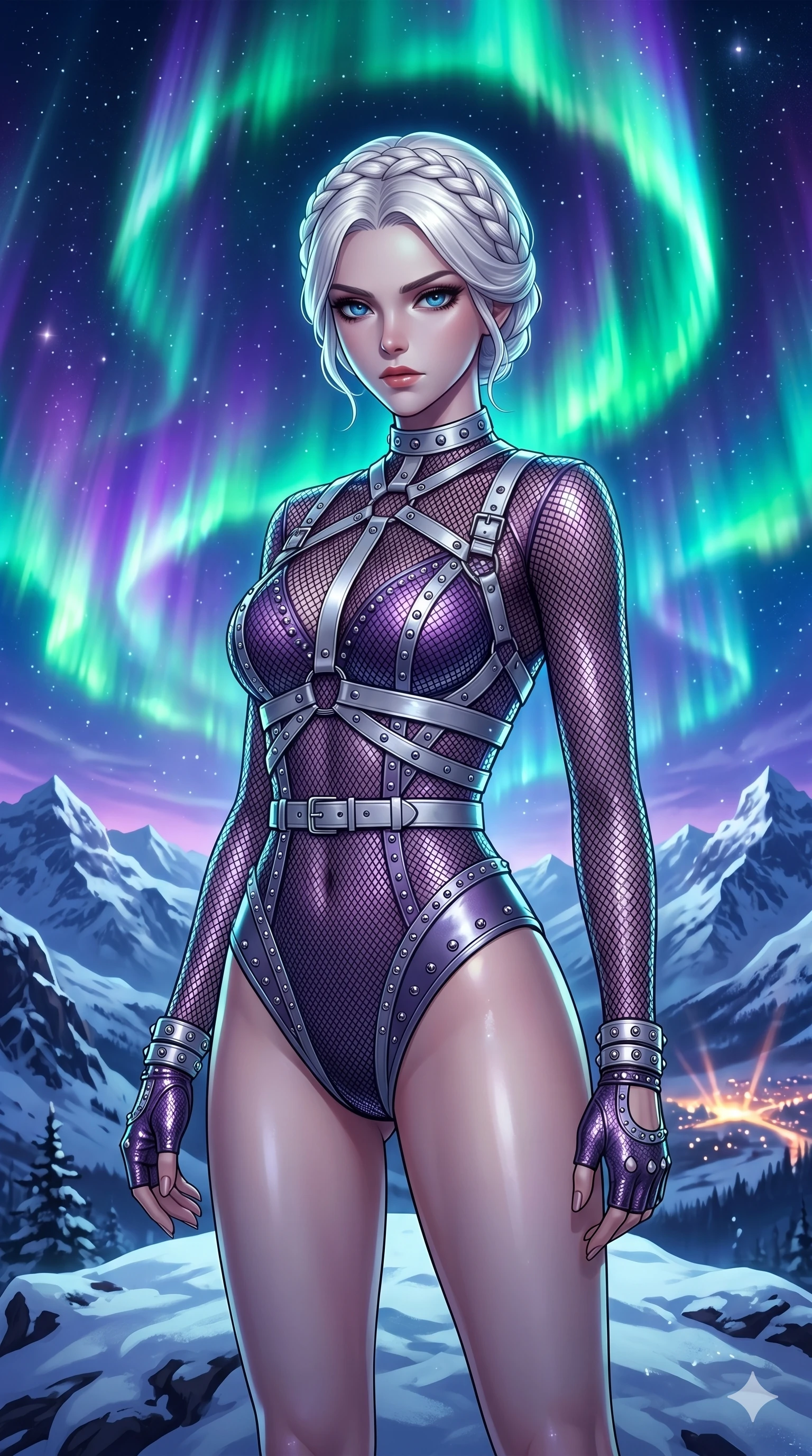 score_9, masterpiece, best quality, ultra-detailed, High-budget Anime Keyframe, beautiful Japanese anime girl. Upper body close-up from the thighs up, character filling the screen for maximum presence. Standing on a mountain top as the aurora borealis dances above in vibrant emerald and violet hues. She has an absolutely perfect 8-heads proportion, an exceptionally tall and slender female figure with impossibly long slender legs and an ultra-slim waist. Sharp v-shaped jawline, high-bridge nose, intricate jewel-like eyes with depth, thick eyelashes, glossy lips with a natural sheen. Wearing a K-Idol Stage outfit: silver leather harness over a purple mesh bodysuit with studded details. Background is a bright and colorful night sky with swirling lights and a snowy peak. 2k, ultra detail, master piece, 9:16 ratio