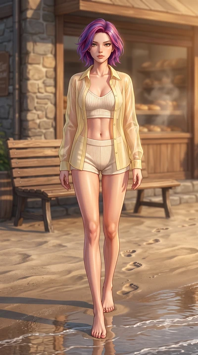 score_9, masterpiece, best quality, ultra-detailed, high-budget anime keyframe, editorial fashion photography, tasteful artistic composition, Caucasian woman woman. low angle full-body shot from head to toe showing her feet, filling the entire 9:16 v