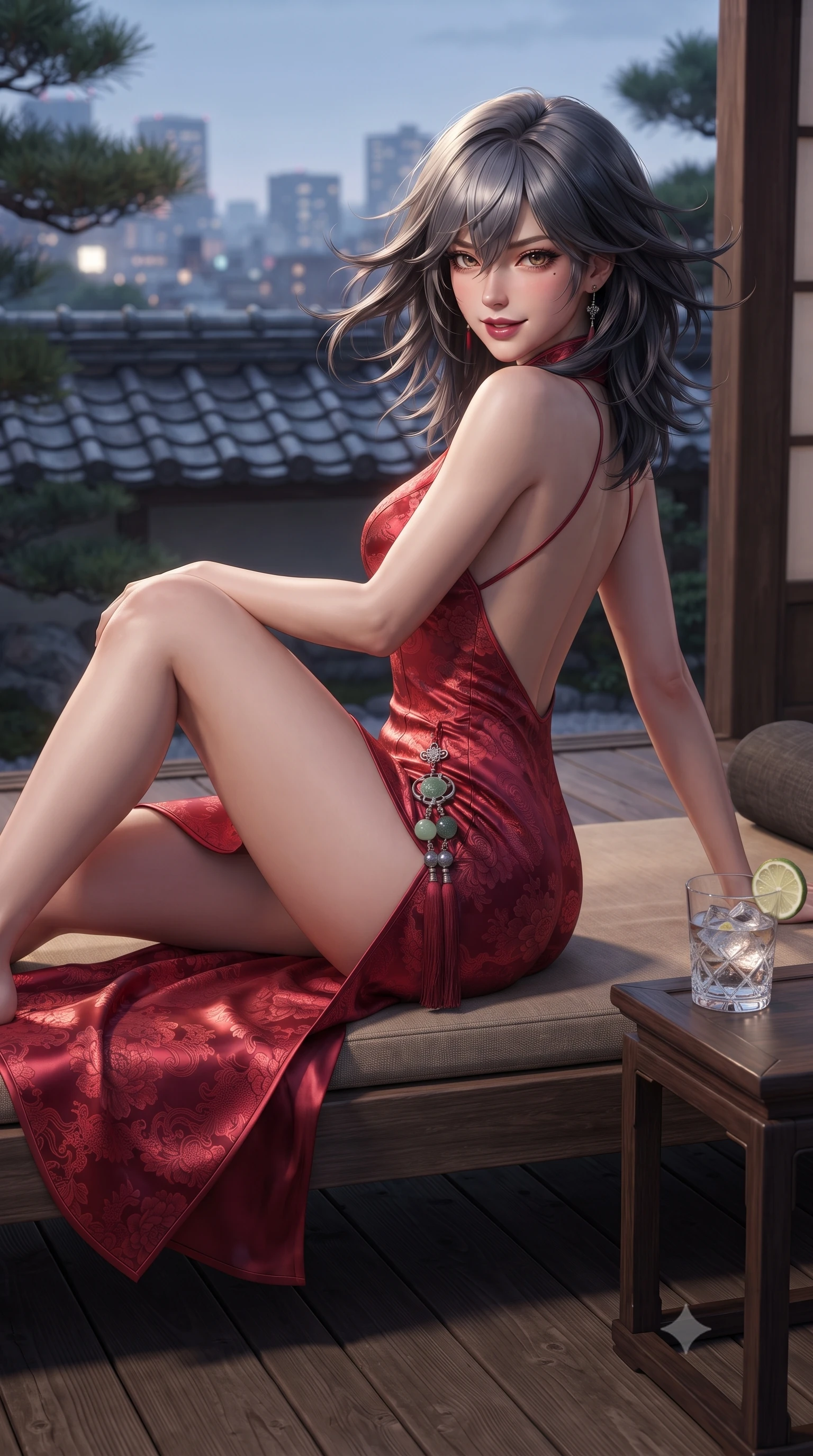 score_9, masterpiece, best quality, ultra-detailed, high-budget anime keyframe, editorial fashion photography, tasteful artistic composition, Japanese woman. close-up cowboy shot from the waist and thighs up, the character dominates the composition, filling the frame with her large presence. turning slowly with a smoldering smile, her glossy dark hair tossing in the evening breeze as her hips angle gracefully in a captivating contrapposto while lounging on an outdoor low wooden daybed propped on one elbow with one knee bent, her flat midriff and hourglass curves radiant in twilight glow. The surrounding environment is rendered in vivid detail and crisp panoramic clarity: sharp traditional clay roof tile patterns, timber floorboard grain, and crystal cocktail glass clarity in deep focus. She has an exceptionally elegant, slender, and willowy female figure with an ultra-slim waist, flat toned midriff, narrow ribcage, and sculpted feminine hips creating an alluring, slim hourglass silhouette without bulk. sharp v-shaped jawline, high-bridge nose, intricate jewel-like dark sparkling almond eyes with depth, thick lashes, glossy parted lips with a natural rose-plum sheen, bright alluring and coquettish smile with bedroom-eyes, exuding both timeless oriental elegance and sovereign high-fashion allure, flawlessly proportioned anatomical accuracy, strict slender model proportions, natural body alignment, perfectly sculpted long slender limbs, ultra-slim waistline, clean dynamic posture without body distortion. wearing a backless crimson silk slip dress with oriental peony jacquard and a side hip slit ascending to the high waist in stark monochrome black and white ink contrast, tailored from sheer gossamer silk organza with an airy weightless flutter, finished with an ornate modern norigae tassel with polished jade and chrome charms resting on her curvy hips, the liquid-tight tailored silk fabric clinging flawlessly to her narrow waist and rounded feminine hips, emphasizing every millimeter of her sculpted slim hourglass curves without any bulky heaviness. illuminated by city skyline bokeh bounce and sharp champagne rim lighting sculpting her razor-sharp jawline, narrow waist, and curvy hips. ultra-reflective glossy finish, specular highlights, rich textural contrasts, high-contrast stereoscopic depth, volumetric dynamic lighting, 2k, ultra detail, master piece, 9:16 ratio