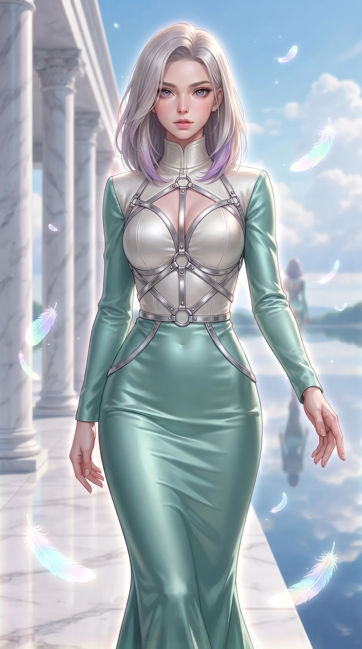 score_9, masterpiece, best quality, ultra-detailed, high-budget anime keyframe, editorial fashion photography, tasteful artistic composition, Caucasian woman. close-up cowboy shot from the waist and thighs up, the character dominates the composition, filling the frame with her large presence, background elements kept in soft focus. Reaching one hand toward the viewer with relaxed elegance, walking along a white marble colonnade as glowing opal feathers drift around her, flawless mirror lake surface reflecting sky clouds and her silhouette. She has an exceptionally elegant, slender, and willowy female figure with an ultra-slim waist, a gracefully sculpted slender torso, and a refined silhouette. sharp v-shaped jawline, high-bridge nose, intricate jewel-like eyes with depth, thick eyelashes, glossy lips with a natural sheen. wearing long-sleeved seafoam green satin gown with high structured collar in pearl white, made of sculpted platinum chrome, highlighted by a platinum metallic harness structure, sculpting her athletic slender build with refined precision. surrounded by a radiant ethereal aura with soft glowing edge lights. highly saturated vibrant anime colors, detailed shading with soft gradients, rich glossy textures, high-contrast stereoscopic depth, volumetric dynamic lighting, master piece, 9:16 ratio