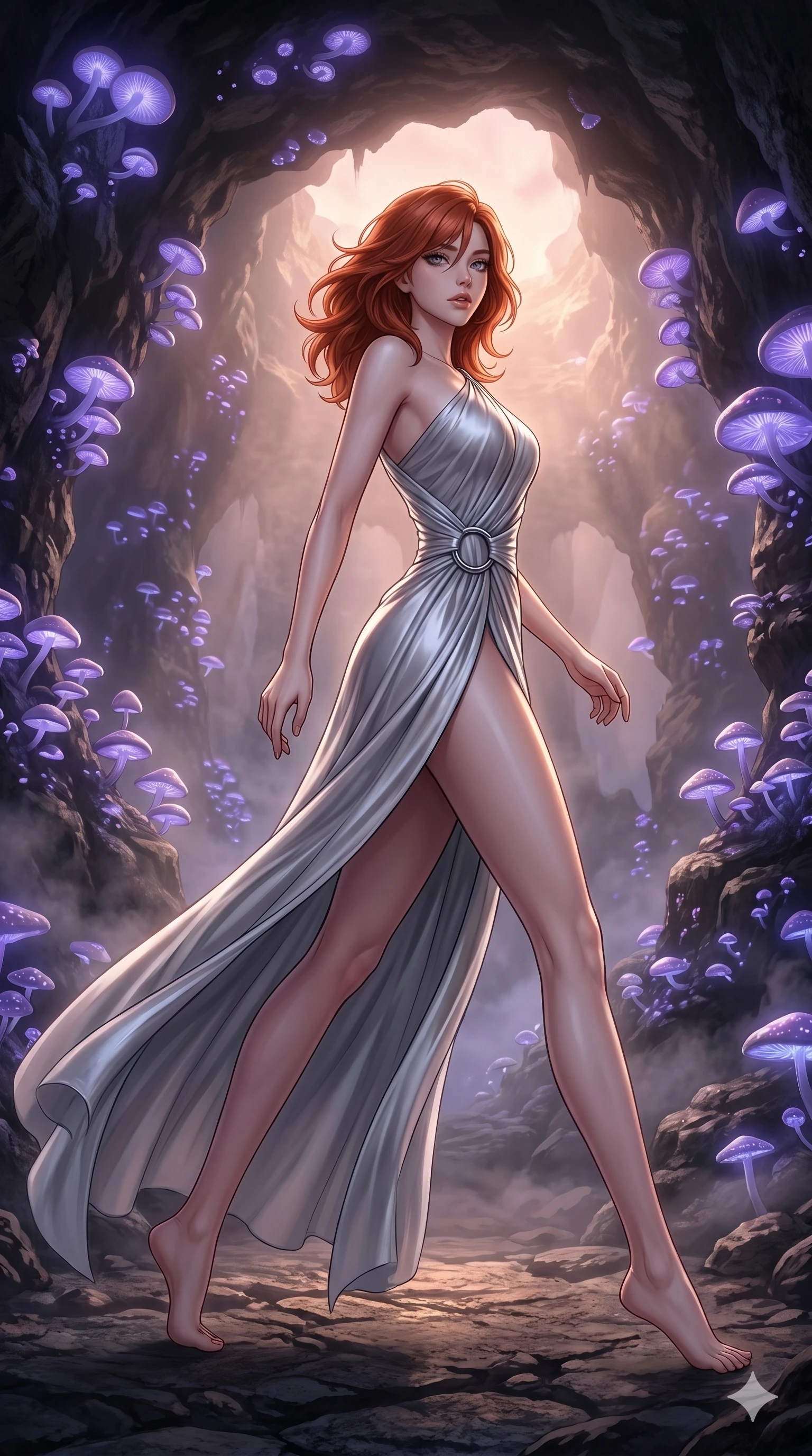 score_9, masterpiece, best quality, ultra-detailed, high-budget anime keyframe, editorial fashion photography, tasteful artistic composition, Korean woman. low angle full-body shot from head to toe showing her feet, filling the entire 9:16 vertical frame with her statuesque presence, stretching her vertical silhouette. Executing a dynamic turning step with one leg extended behind within an underground cavern of glowing mushrooms that cast a soft violet light. She has an absolutely perfect 8-heads proportion, an exceptionally tall and slender female figure with impossibly long slender legs and an ultra-slim waist. V-shaped jawline, high-bridge nose, intricate jewel-like eyes with depth, thick eyelashes, glossy lips with a natural sheen. wearing a draped one-shoulder gown in liquid silver chiffon that falls to the floor, held at the waist by a polished chrome ring. bathed in soft rose-gold dawn light filtering through atmospheric volumetric fog that wraps her silhouette. 2k, ultra detail, master piece, 9:16 ratio