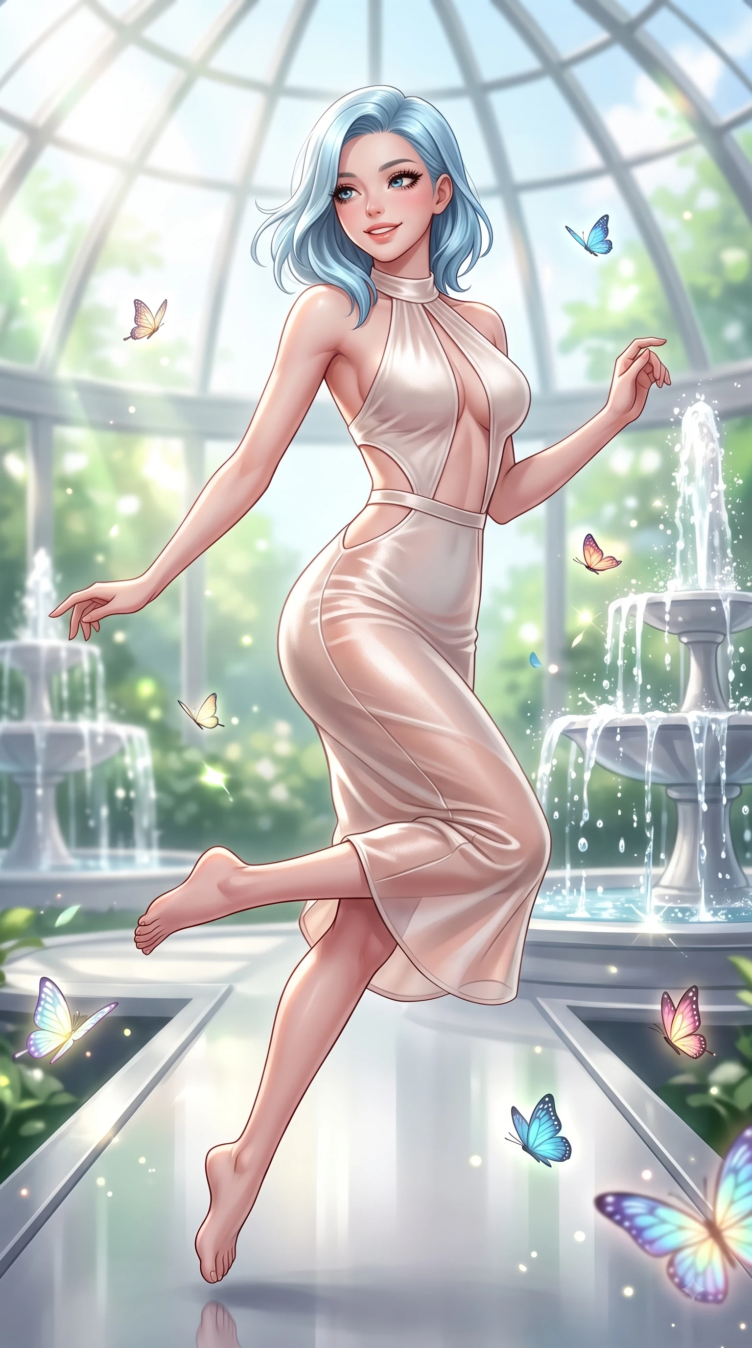 score_9, masterpiece, best quality, ultra-detailed, high-budget anime keyframe, editorial fashion photography, tasteful artistic composition, Korean woman. close-up cowboy shot from the waist and thighs up, the character dominates the composition, filling the frame with her large presence, background elements kept in soft focus. Warm delightful smile while casting a playful, joyful side-gaze with heavy lashes and a glowing expression while leaping playfully across a platinum walkway in a sunlit glass dome filled with glowing butterflies, translucent water droplets cascading down platinum fountains with sparkling luster. She has an exceptionally elegant, slender, and willowy female figure with an ultra-slim waist, a gracefully sculpted slender torso, and a refined silhouette. sharp v-shaped jawline, high-bridge nose, intricate jewel-like eyes with depth, thick eyelashes, glossy lips with a natural sheen, flawlessly proportioned anatomical accuracy, natural body alignment, perfectly sculpted elegant limbs, clean dynamic posture without body distortion. wearing a velvet halter-neck midi dress following her form like a glove in pearl white and rose gold, woven from fine semi-opaque sheer organza, featuring clean architectural cutouts along her slender torso, the tailored fabric tightly following every curve of her athletic build. surrounded by a bright, airy greenhouse ambiance with radiant white and green highlights. highly saturated vibrant anime colors, detailed shading with soft gradients, rich glossy textures, high-contrast stereoscopic depth, volumetric dynamic lighting, master piece, 9:16 ratio