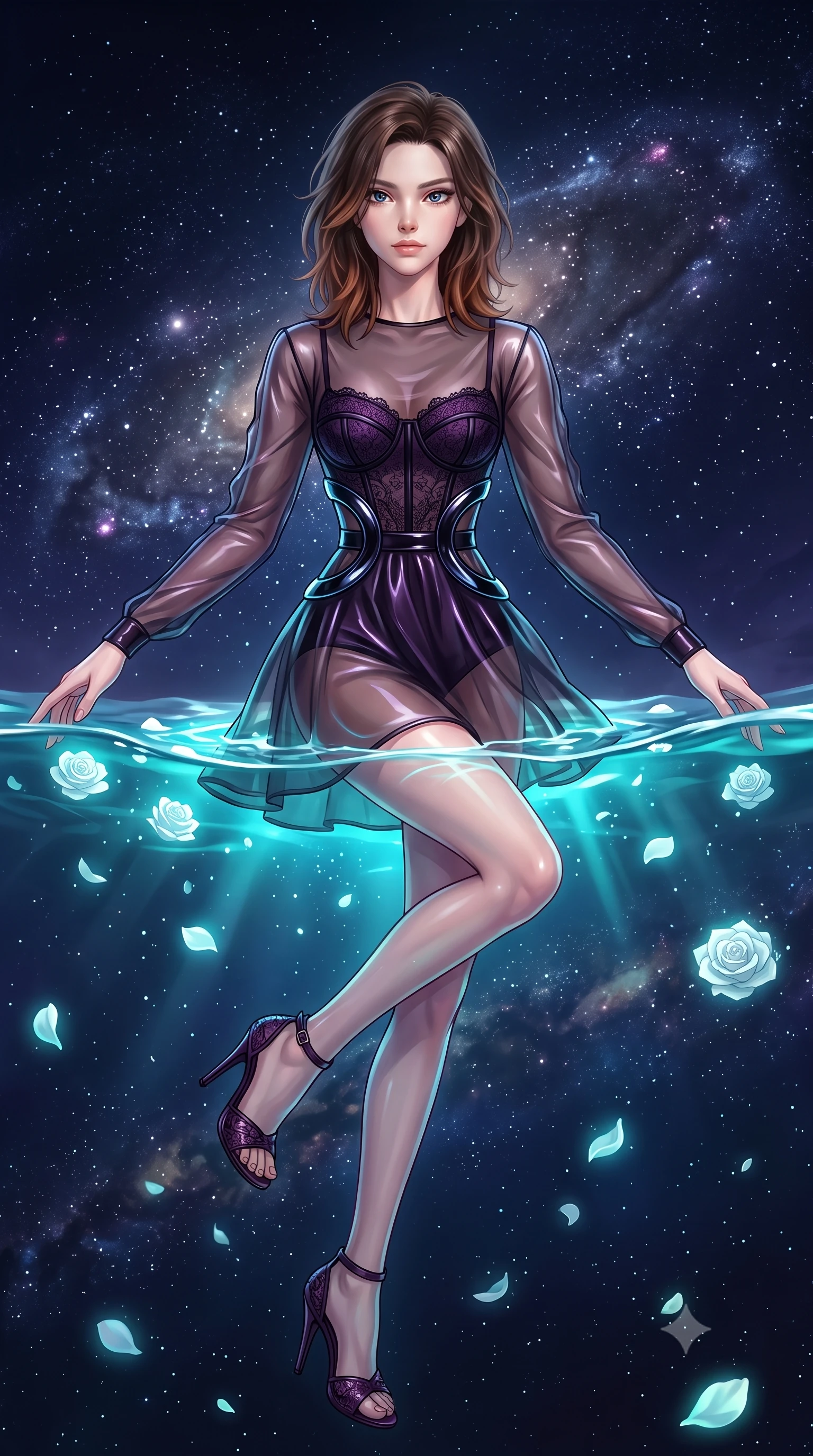 score_9, masterpiece, best quality, ultra-detailed, high-budget anime keyframe, editorial fashion photography, tasteful artistic composition, Korean woman. low angle full-body shot from head to toe showing her feet, filling the entire 9:16 vertical frame with her statuesque presence, stretching her vertical silhouette. leaping dynamically through the starry space, her posture full of power and elegance, immersed to the waist in a heated private pool with floating white rose petals, magnetic composed gaze directly into the camera with effortless confidence. She has an absolutely perfect, statuesque 8.5-heads proportion, an exceptionally tall and slender model-like female figure with impossibly long slender legs and an ultra-slim waist. sharp v-shaped jawline, high-bridge nose, intricate jewel-like eyes with depth, thick eyelashes, glossy lips with a natural sheen. wearing translucent dark organza mini dress over structured black lace corset in dark plum violet, made of high-gloss liquid vinyl, accented with sculpted obsidian chrome rings at the waist, the fitted fabric emphasizing her ultra-slim waist. surrounded by a moody nocturnal ambiance with glowing aqua water highlights. highly saturated vibrant anime colors, detailed shading with soft gradients, rich glossy textures, high-contrast stereoscopic depth, volumetric dynamic lighting, master piece, 9:16 ratio
