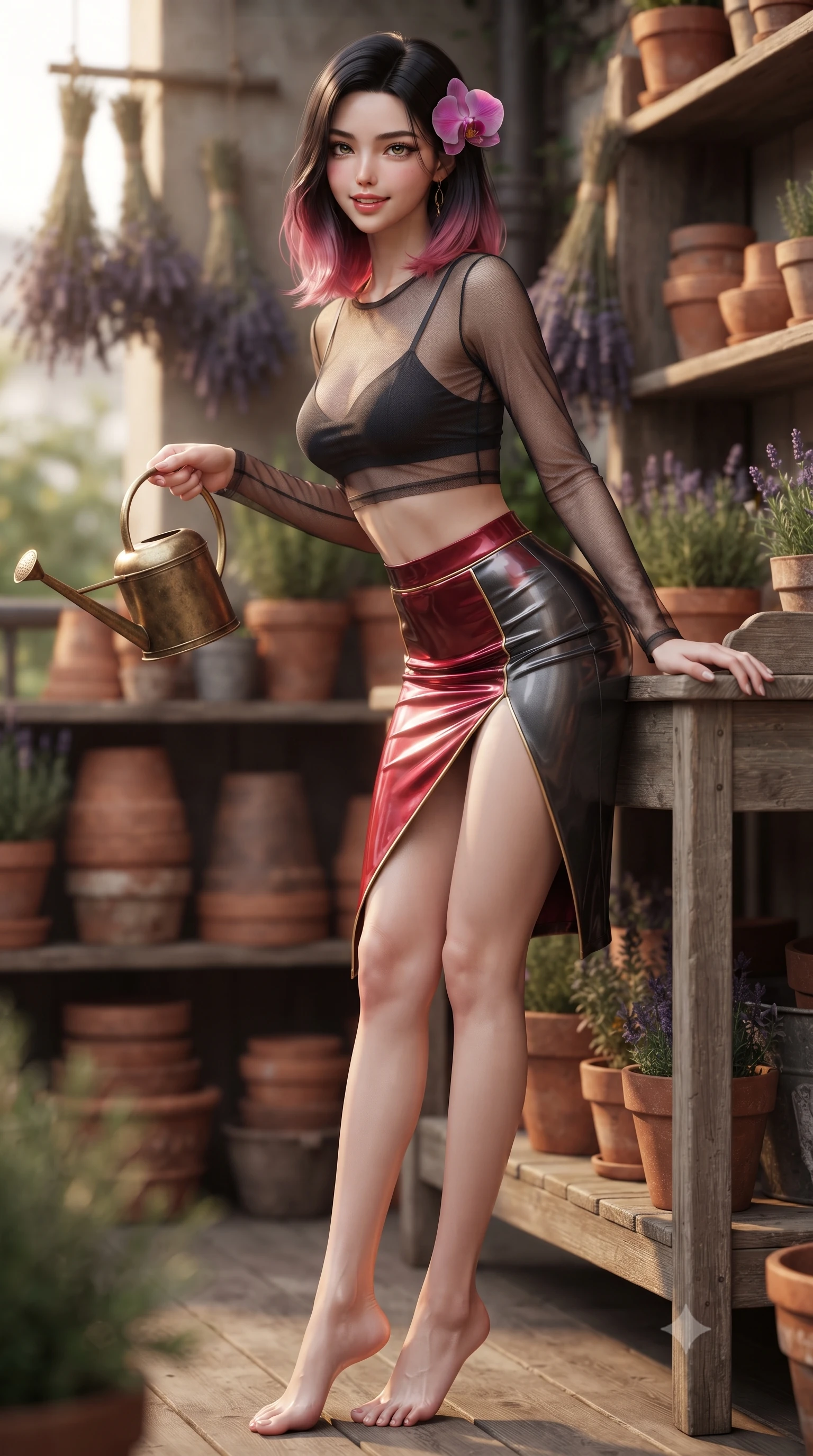 score_9, masterpiece, best quality, ultra-detailed, high-budget anime keyframe, editorial fashion photography, tasteful artistic composition, Korean woman. low angle full-body shot from head to toe showing her feet, filling the entire 9:16 vertical frame with her statuesque presence, stretching her vertical silhouette. leaning deep against the balcony balustrade with hips cocked back in an unapologetically alluring high-fashion stance, casting an intoxicating glance while leaning against the weathered cedar potting bench with hips cocked back, holding an antique brass watering can with playful seductive cool. The background shows a soft-focus stacks of antique terracotta pots, bundles of drying lavender, and weathered wooden shelves blurred into clay, lavender, and honey bokeh. She has an absolutely perfect, statuesque 8.5-heads proportion, an exceptionally tall and slender model-like female figure with impossibly long slender legs, an ultra-slim waist, a flat toned midriff, narrow delicate ribcage, and beautifully sculpted feminine hips creating a graceful, slim hourglass silhouette without any bulky heaviness. sharp v-shaped jawline, high-bridge nose, sparkling eyes with hypnotic seductive depth, thick curled eyelashes, glossy parted lips with a natural dewy peach sheen, alluring bedroom-eyes with an enchanting coquettish smile, exuding magnetic siren charisma and sophisticated glamour, flawlessly proportioned anatomical accuracy, strict slender model proportions, natural body alignment, perfectly sculpted long slender limbs, ultra-slim waistline, clean dynamic posture without body distortion. wearing a delicate sheer mesh long-sleeve crop top layered over an opaque strappy micro-bralette and tight metallic skirt in rich cherry lacquer and smoky charcoal with gold piping, crafted from wet-look high-gloss vinyl fabric with dazzling specular surface reflections, accented with a fresh-bloomed exotic magenta orchid tucked gracefully into her dark glossy hair, the high-slit wrap tailoring accentuating her ultra-slim waistline and the enchanting curve of her feminine hips with alluring seductive charm. illuminated by terracotta bounce and sharp warm-gold rim lights sculpting her jawline, flat midriff, and voluptuous hip curves. ultra-reflective glossy finish, specular highlights, rich textural contrasts, high-contrast stereoscopic depth, volumetric dynamic lighting, 2k, ultra detail, master piece, 9:16 ratio