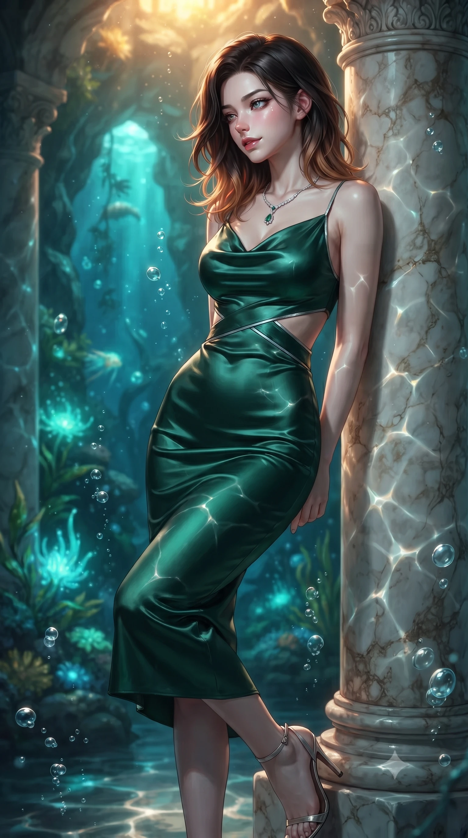 score_9, masterpiece, best quality, ultra-detailed, high-budget anime keyframe, editorial fashion photography, tasteful artistic composition, Korean woman. close-up cowboy shot from the waist and thighs up, the character dominates the composition, filling the frame with her large presence, background elements kept in soft focus. Glancing sidelong over her shoulder with a smoldering half-smile and heavy lashes resting against an antique marble pillar as gentle sea bubbles rise around her, shimmering water reflections dancing dynamically across the marble walls. She has an exceptionally elegant, slender, and willowy female figure with an ultra-slim waist, a gracefully sculpted slender torso, and a refined silhouette. sharp v-shaped jawline, high-bridge nose, intricate jewel-like eyes with depth, thick eyelashes, glossy lips with a natural sheen. wearing an elegant cowl-neck satin midi dress with a draped neckline in deep emerald green and silver accent, formed from sleek second-skin neoprene, featuring subtle geometric cutouts that highlight her ultra-slim midriff, the elegant draped fit framing her graceful clavicle and slender torso. illuminated by luminous aqua bioluminescence and warm golden top lighting. highly saturated vibrant anime colors, detailed shading with soft gradients, rich glossy textures, high-contrast stereoscopic depth, volumetric dynamic lighting, master piece, 9:16 ratio