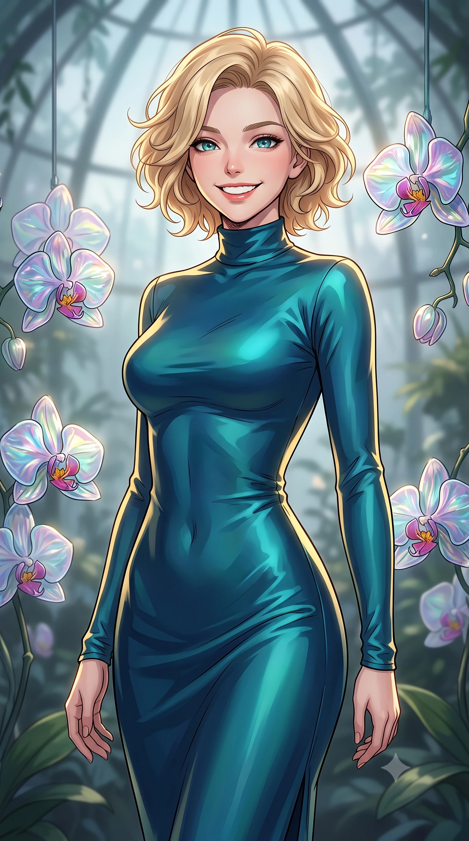 score_9, masterpiece, best quality, ultra-detailed, high-budget anime keyframe, editorial fashion photography, tasteful artistic composition, gorgeous anime illustration, with clean line-art, distinct ink outlines, and high-contrast stereoscopic depth, Caucasian woman, strictly human ears. close-up cowboy shot from the waist and thighs up, the character dominates the composition, filling the frame with her large presence, background elements kept in soft focus. Beaming with a wide, friendly smile that lights up her entire face. set against a soft-focus background of inside a misty cloud forest greenhouse dome where the orchids are made of hand-blown iridescent glass, chiming gently in the soft breeze. She has an exceptionally elegant, slender, and willowy female figure with a highly-defined ultra-slim waist, a gracefully sculpted slender torso, and a refined slim-fit silhouette that contours her form. sharp v-shaped jawline, high-bridge nose, intricate jewel-like eyes with depth, thick eyelashes, glossy lips with a natural sheen. wearing a figure-hugging mock-turtleneck gown in a shifting peacock-blue silk fabric, hugging her slender figure from neck to ankle. dramatic chiaroscuro with a single golden key light sculpting her silhouette. 2k, ultra detail, master piece, 9:16 ratio, highly saturated vibrant anime colors, detailed cel-shading with soft gradients, rich glossy textures, deep contrast, volumetric dynamic lighting, 2d animation style
