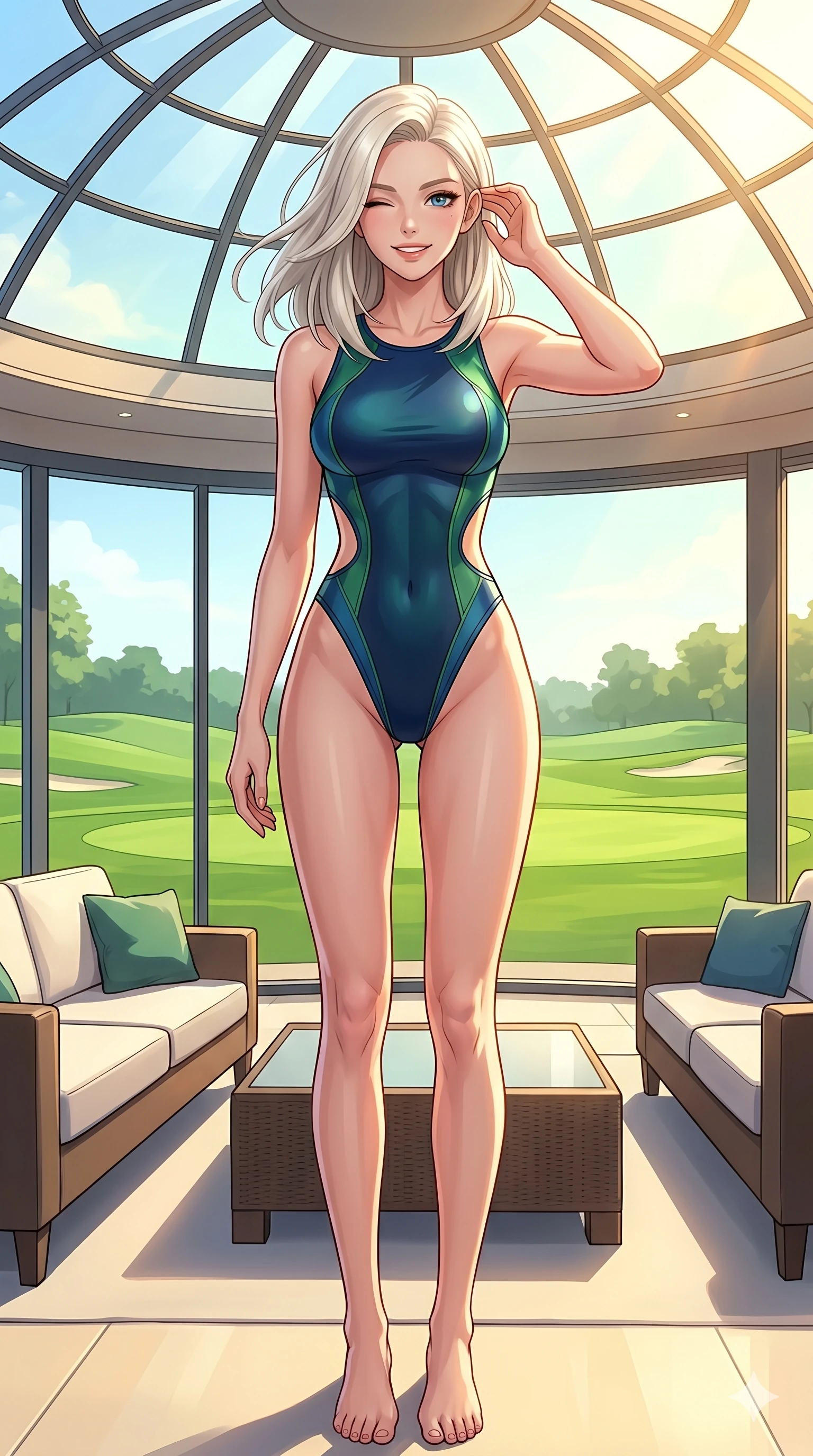 score_9, masterpiece, best quality, ultra-detailed, high-budget anime keyframe, vibrant anime aesthetic, Caucasian woman, strictly human ears. cowboy shot from the thighs up, character and outfit filling the frame for maximum presence. She is standing in the sun, winking and smiling delightfully at the camera inside a golf clubhouse lounge facing green lawns (Code-P20-119). She has an absolutely perfect 8-heads proportion, an exceptionally tall and slender female figure with impossibly long slender legs and an ultra-slim waist. V-shaped jawline, high-bridge nose, intricate jewel-like eyes with depth, thick eyelashes, glossy lips with a natural sheen. wearing a sleek swimsuit with high-cut leg lines and exposed waist. She is warm glowing resort light filtering through the glass dome, outlining her features. 2k, ultra detail, master piece, 9:16 ratio
