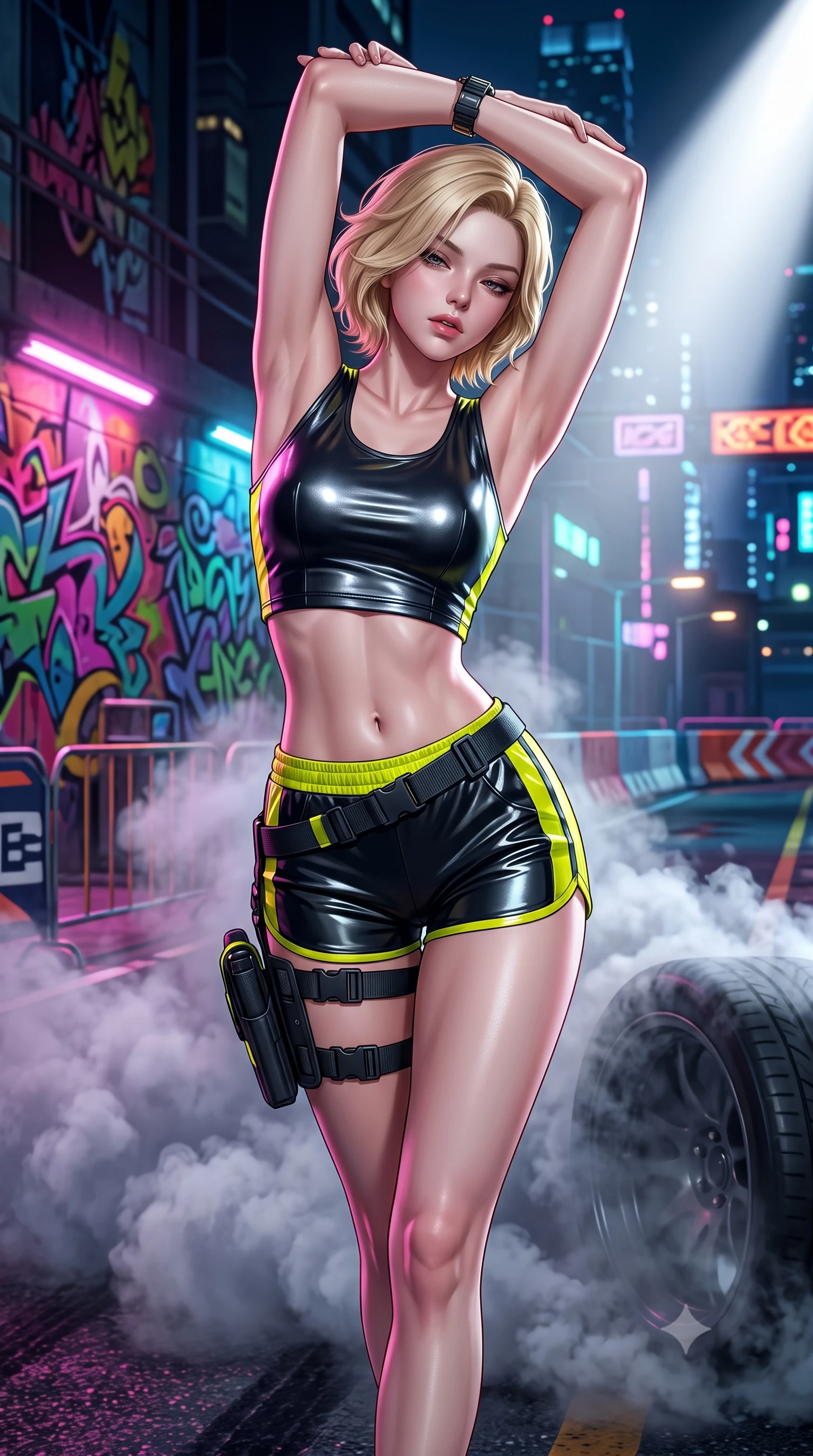 score_9, masterpiece, best quality, ultra-detailed, high-budget anime keyframe, semi-realistic 3D game render, editorial fashion photography, tasteful artistic composition, Caucasian woman. close-up cowboy shot from the waist and thighs up, the character dominates the composition, filling the frame with her large presence. arching her back languidly with arms stretching overhead, highlighting her narrow waist and feminine silhouette in pure supermodel elegance while stepping forward with proud runway strides amidst rising tire smoke, her statuesque vertical presence commanding the frame. The surrounding environment is rendered in vivid detail and crisp panoramic clarity. intense neon-noir chiaroscuro and exhilarating urban drift culture aesthetics rendered with precision. She has an exceptionally elegant, slender, and willowy female figure with an ultra-slim waist, a gracefully sculpted slender torso, toned flat midriff, and a refined slim silhouette. sharp v-shaped jawline, high-bridge nose, intricate jewel-like eyes with depth, thick eyelashes, glossy parted lips with a natural sheen, intensely captivating and seductive expression, flawlessly proportioned anatomical accuracy, strict slender model proportions, natural body alignment, perfectly sculpted long slender limbs, ultra-slim waistline, clean dynamic posture without body distortion. wearing a metallic leather crop tank with high-waist track shorts and tactical leg harness straps in high-gloss asphalt black and hazard neon yellow, crafted from flexible ballistic matte leather and aerodynamic stretch neoprene, equipped with a low-slung utility holster and racing telemetry smartwatch, the sleek tactical cut tightly hugging her graceful clavicle, narrow waist, and athletic curves with statuesque precision. bathed in dynamic color-shifting LED race lights and sweeping white spotlight fill. highly saturated vibrant anime colors, detailed shading with soft gradients, rich glossy textures, high-contrast stereoscopic depth, volumetric dynamic lighting, master piece, 9:16 ratio