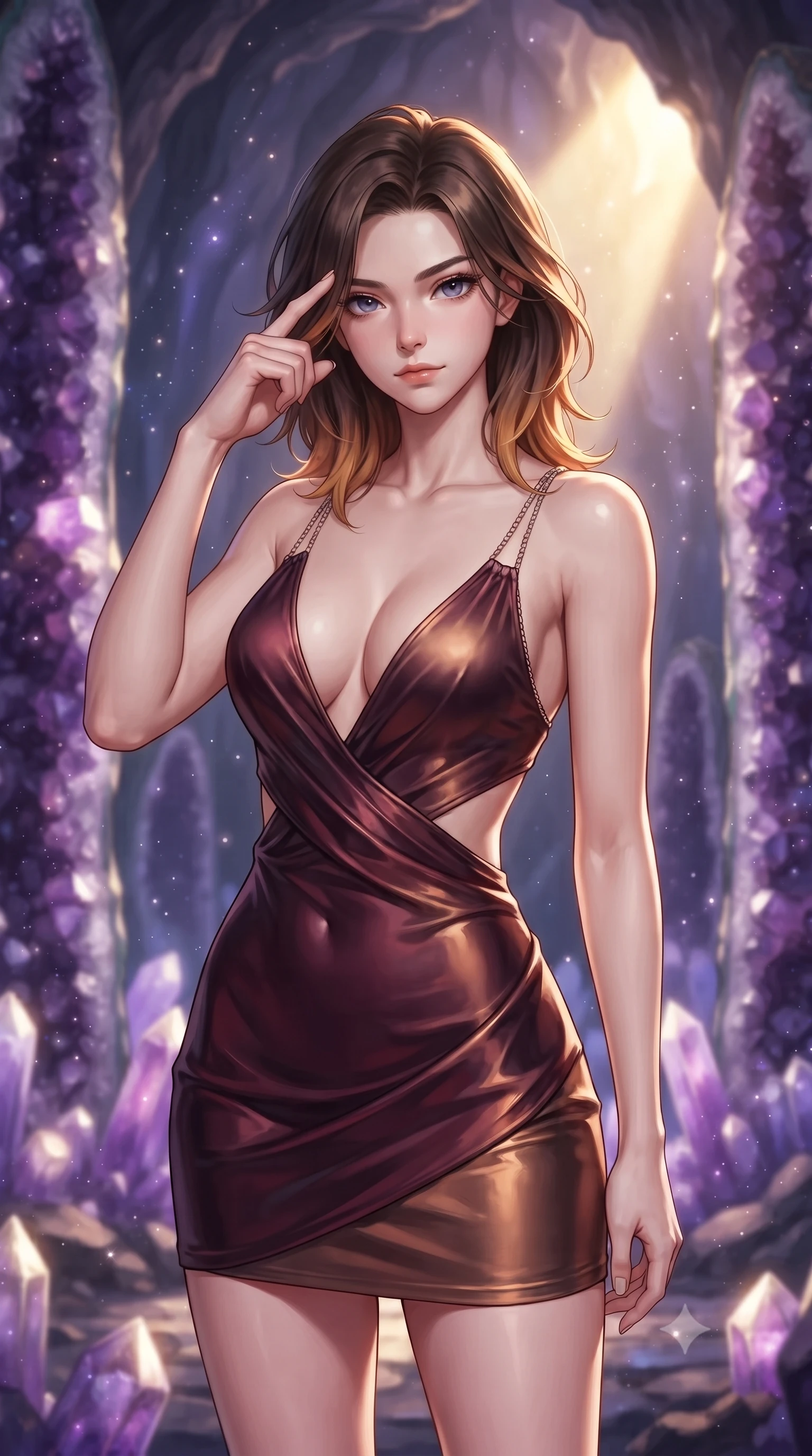 score_9, masterpiece, best quality, ultra-detailed, high-budget anime keyframe, editorial fashion photography, tasteful artistic composition, Korean woman. close-up cowboy shot from the waist and thighs up, the character dominates the composition, filling the frame with her large presence, background elements kept in soft focus. Pressing two fingers to her temple in a composed thoughtful gesture with an air of magnetic charisma standing inside a breathtaking cavern lined with massive amethyst geode pillars, glowing mineral dust shimmering like stars in the quiet cavern air. She has an exceptionally elegant, slender, and willowy female figure with an ultra-slim waist, a gracefully sculpted slender torso, and a refined silhouette. sharp v-shaped jawline, high-bridge nose, intricate jewel-like eyes with depth, thick eyelashes, glossy lips with a natural sheen. wearing a liquid mercury gloss mini dress with ultra-deep V-neck and waist cutouts in deep burgundy and bronze, crafted from smooth liquid silk, adorned with delicate metallic chain straps along the neckline, the form-contouring material highlighting her ultra-slim waist and long lines. lit by warm golden sunlight colliding with cool violet crystal illumination. highly saturated vibrant anime colors, detailed shading with soft gradients, rich glossy textures, high-contrast stereoscopic depth, volumetric dynamic lighting, master piece, 9:16 ratio
