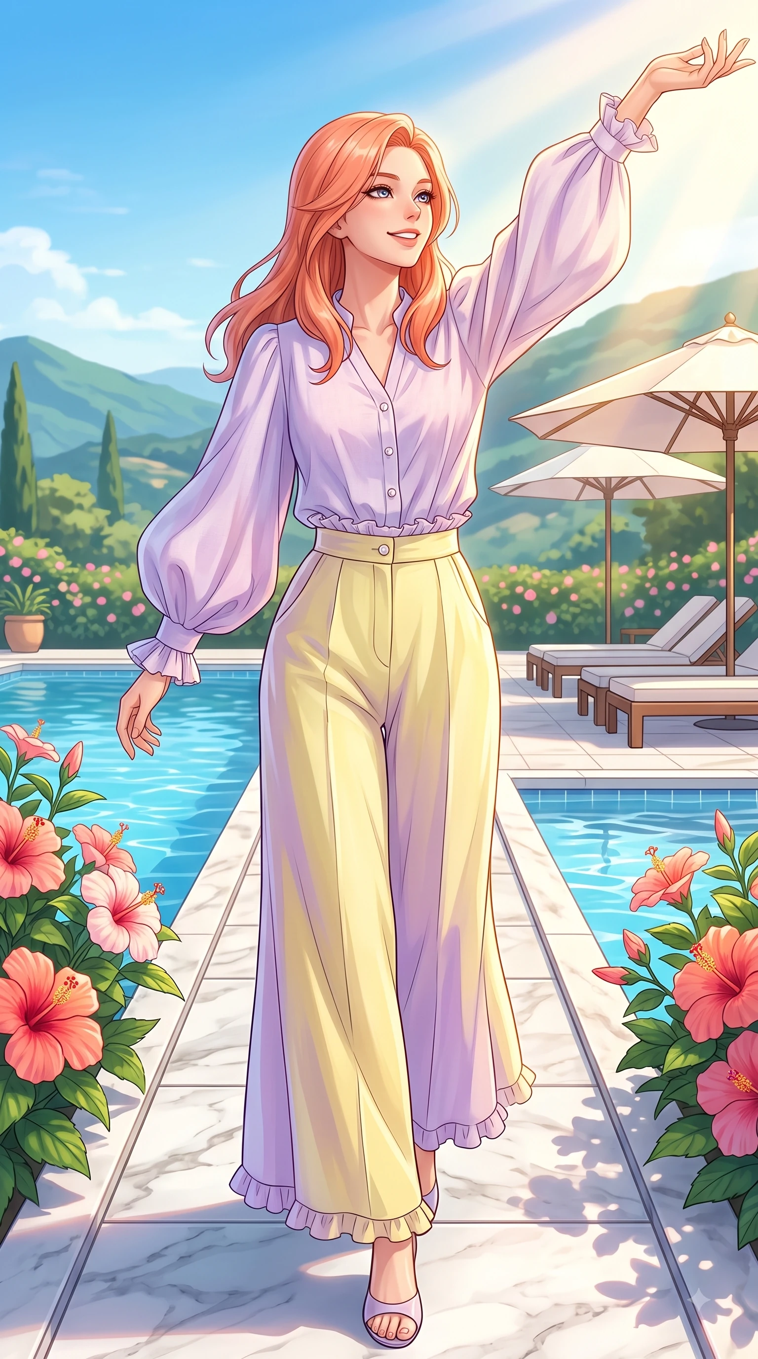 score_9, masterpiece, best quality, ultra-detailed, high-budget anime keyframe, editorial fashion photography, tasteful artistic composition, Japanese woman. close-up cowboy shot from the waist and thighs up, the character dominates the composition, filling the frame with her large presence. Extending one arm in an elegant stretch toward the light while smiling with vibrant, youthful self-assurance while stepping onto a marble garden walkway surrounded by blooming hibiscus flowers and clear blue water. The surrounding environment is rendered in vivid detail and crisp panoramic clarity. scenic hill panoramas and poolside umbrella lounges rendered with rich environmental clarity. She has an exceptionally elegant, slender, and willowy female figure with an ultra-slim waist, a gracefully sculpted slender torso, and a refined silhouette. sharp v-shaped jawline, high-bridge nose, intricate jewel-like eyes with depth, thick eyelashes, glossy lips with a natural sheen, flawlessly proportioned anatomical accuracy, natural body alignment, perfectly sculpted elegant limbs, clean dynamic posture without body distortion. wearing an elegant pastel linen blouse with puff sleeves and high-waisted wide-leg trousers in soft lemon yellow and lavender violet, made of fine lightweight chiffon that flutters gently in the breeze, finished with subtle ruffle trims and delicate pearl buttons, the relaxed yet flattering fit accentuating her naturally graceful and slender figure. illuminated by warm golden afternoon sunbursts casting crisp highlights. highly saturated vibrant anime colors, detailed shading with soft gradients, rich glossy textures, high-contrast stereoscopic depth, volumetric dynamic lighting, master piece, 9:16 ratio