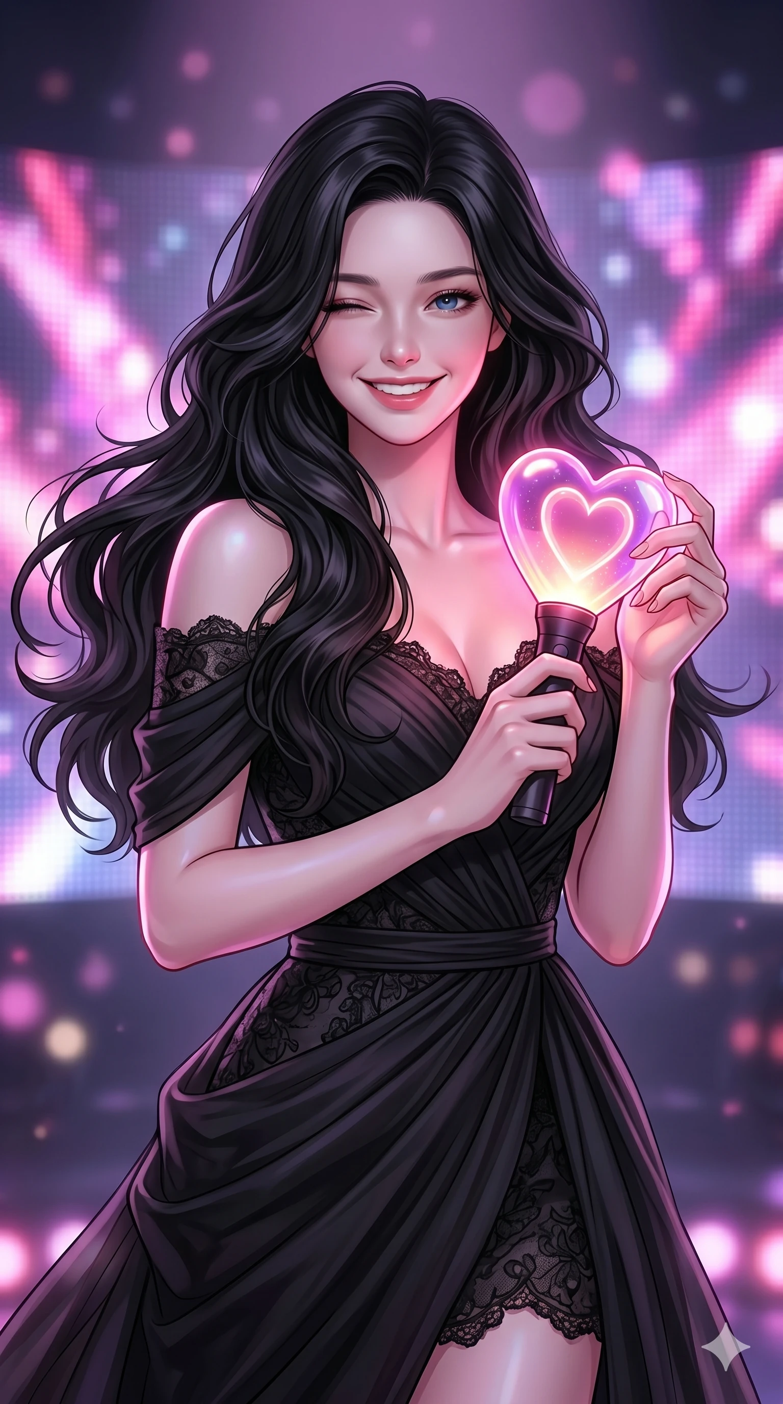 score_9, score_8_up, score_7_up, source_anime, masterpiece, best quality, ultra-detailed, same character with long flowing black hair, wearing the same outfit of black off-the-shoulder dress, upper body shot from thigh up filling the screen, winking towards the camera with a playful smile, holding a glowing heart-shaped lightstick, soft pink and purple stage lighting, 2k, 9:16 ratio