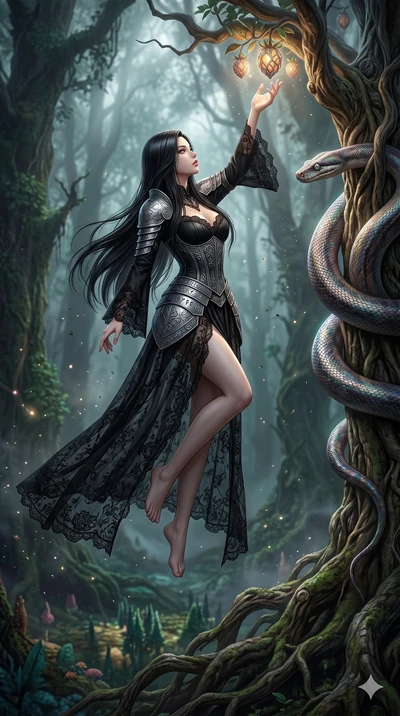 score_9, masterpiece, best quality, ultra-detailed, photorealistic 8k CG, hyper-detailed textures, ray-tracing, Japanese woman. Mid-air action shot capturing a graceful twist and vertical silhouette. reaching for a fruit from the Tree of Knowledge as