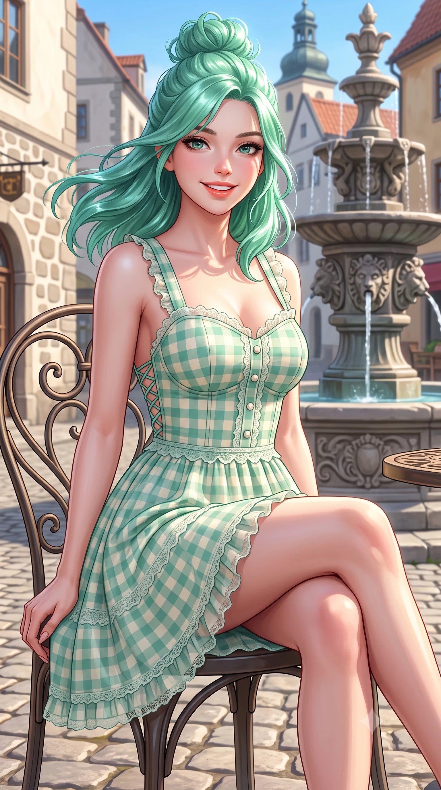 score_9, masterpiece, best quality, ultra-detailed, high-budget anime keyframe, semi-realistic 3D game render, editorial fashion photography, tasteful artistic composition, Japanese woman. close-up cowboy shot from the waist and thighs up, the character dominates the composition, filling the frame with her large presence. turning playfully with a bright confident smile, her glossy hair tossing in the breeze as her hips angle gracefully in a captivating contrapposto while sitting on a sunlit outdoor cafe chair with legs crossed, her long slender legs and narrow waist commanding the picturesque Swedish town square. The surrounding environment is rendered in vivid detail and crisp panoramic clarity. sharp medieval stucco wall textures, stone fountain carvings, and cobblestone pavement joints in deep focus. She has an exceptionally elegant, slender, and willowy female figure with an ultra-slim waist, flat toned midriff, narrow ribcage, and sculpted feminine hips creating an alluring, slim hourglass silhouette without bulk. sharp v-shaped jawline, high-bridge nose, intricate jewel-like sparkling eyes with depth, thick eyelashes, glossy parted lips with a natural peach sheen, bright cheerful beaming smile with an enchanting and coquettish sensual glint, exuding both youthful cute charm and seductive allure, flawlessly proportioned anatomical accuracy, strict slender model proportions, natural body alignment, perfectly sculpted long slender limbs, ultra-slim waistline, clean dynamic posture without body distortion. wearing a backless lace-up gingham sundress with a form-fitting bodice and hip-defining silhouette in refreshing mint green and soft vanilla cream, woven from layered gossamer organza with weightless flutter, finished with subtle ruffle trims and delicate pearl buttons, the high-waisted tailoring accentuating her ultra-slim waistline and the enchanting curve of her feminine hips with alluring charm. bathed in crisp, crystal-clear Nordic summer daylight washing across the colorful town square. highly saturated vibrant anime colors, detailed shading with soft gradients, rich glossy textures, high-contrast stereoscopic depth, volumetric dynamic lighting, master piece, 9:16 ratio