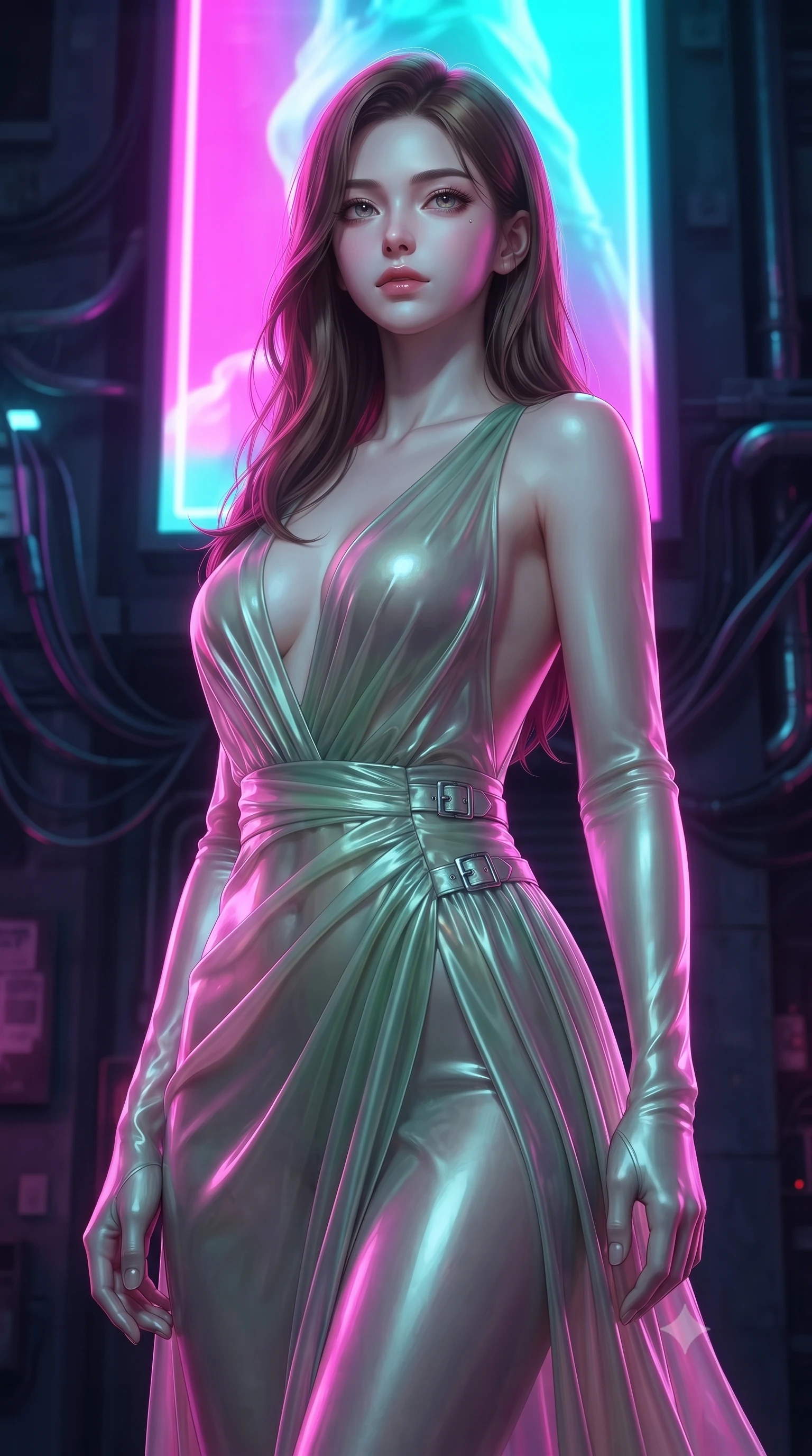 score_9, masterpiece, best quality, ultra-detailed, high-budget anime keyframe, editorial fashion photography, tasteful artistic composition, Korean woman. close-up cowboy shot from the waist and thighs up, the character dominates the composition, filling the frame with her large presence, background elements kept in soft focus. Gazing past the camera with an air of effortless elegance and mysterious confidence poised under a towering neon billboard emitting vibrant magenta and cyan light, futuristic tactical cables and chrome pipes lining the dark city walls. She has an exceptionally elegant, slender, and willowy female figure with an ultra-slim waist, a gracefully sculpted slender torso, and a refined silhouette. sharp v-shaped jawline, high-bridge nose, intricate jewel-like eyes with depth, thick eyelashes, glossy lips with a natural sheen. wearing a translucent iridescent chiffon gown with a plunging neckline and open back in sage green and oatmeal, crafted from lustrous satin jersey with fluid draping, detailed with polished silver buckles along the waistline, the glove-like fit emphasizing her statuesque silhouette. drenched in intense neon magenta and cyan rim light with dark contrast. ultra-reflective glossy finish, specular highlights, metallic sheen, high-contrast stereoscopic depth, volumetric dynamic lighting, 2k, ultra detail, master piece, 9:16 ratio