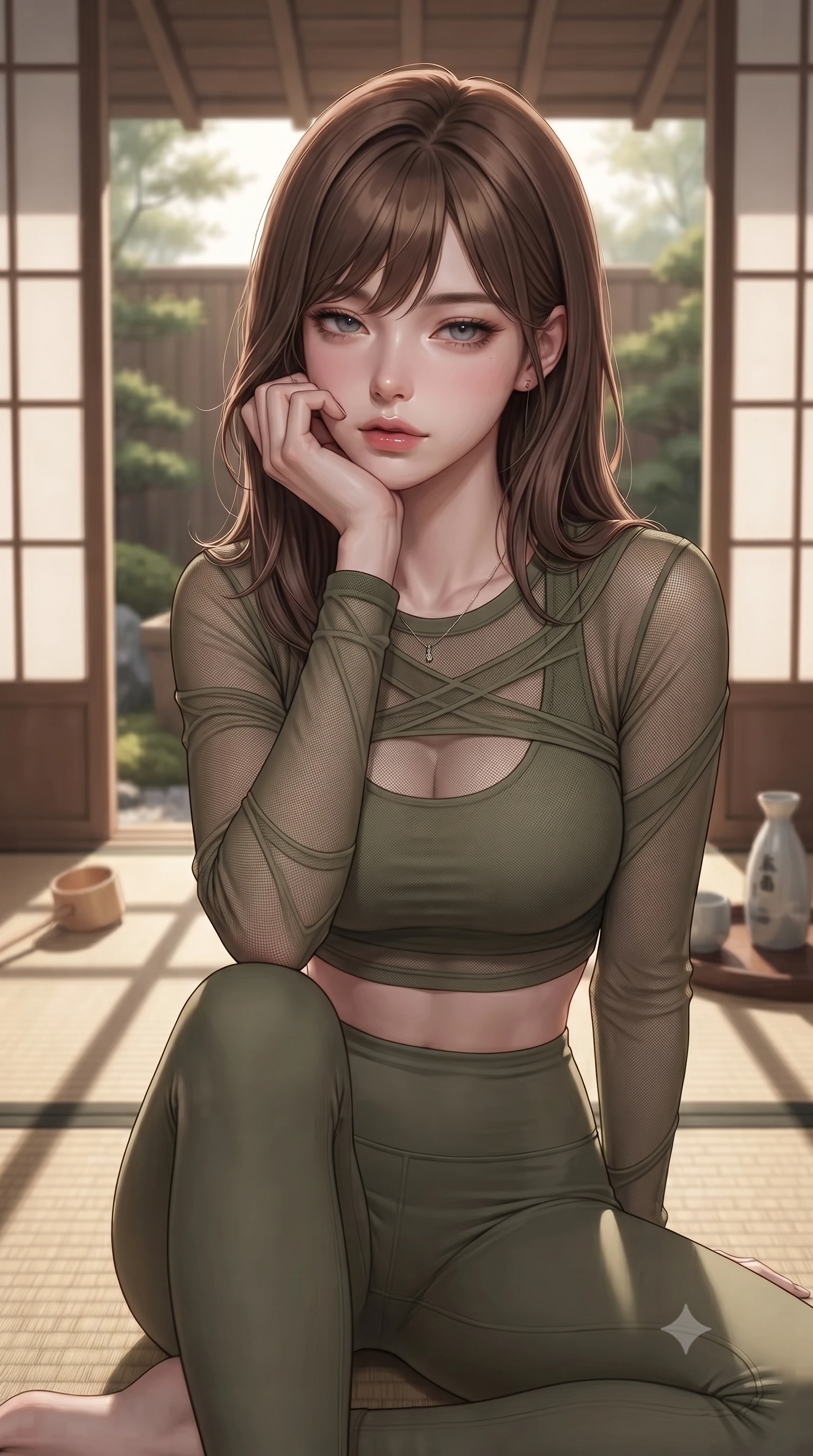 score_9, masterpiece, best quality, ultra-detailed, high-budget anime keyframe, editorial fashion photography, tasteful artistic composition, Korean woman woman. close-up cowboy shot from the waist and thighs up, the character dominates the composition, filling the frame with her large presence, background elements kept in soft focus. resting her chin on the backs of her fingers, casting a heavy-lidded, sultry look past the camera the background shows a soft-focus a private cypress wood bath (hinoki) facing a small moss garden through sliding doors. She has an exceptionally elegant, slender, and willowy female figure with an ultra-slim waist, a gracefully sculpted slender torso, and a refined silhouette. sharp v-shaped jawline, high-bridge nose, intricate jewel-like eyes with depth, thick eyelashes, glossy lips with a natural sheen. wearing a form-contouring sheer mesh long-sleeve crop top in olive green, worn over a matching sports bra and leggings. soft late afternoon sunrays casting long wooden grid shadows on the tatami. ultra-reflective glossy finish, specular highlights, metallic sheen, high-contrast stereoscopic depth, volumetric dynamic lighting, 2k, ultra detail, master piece, 9:16 ratio