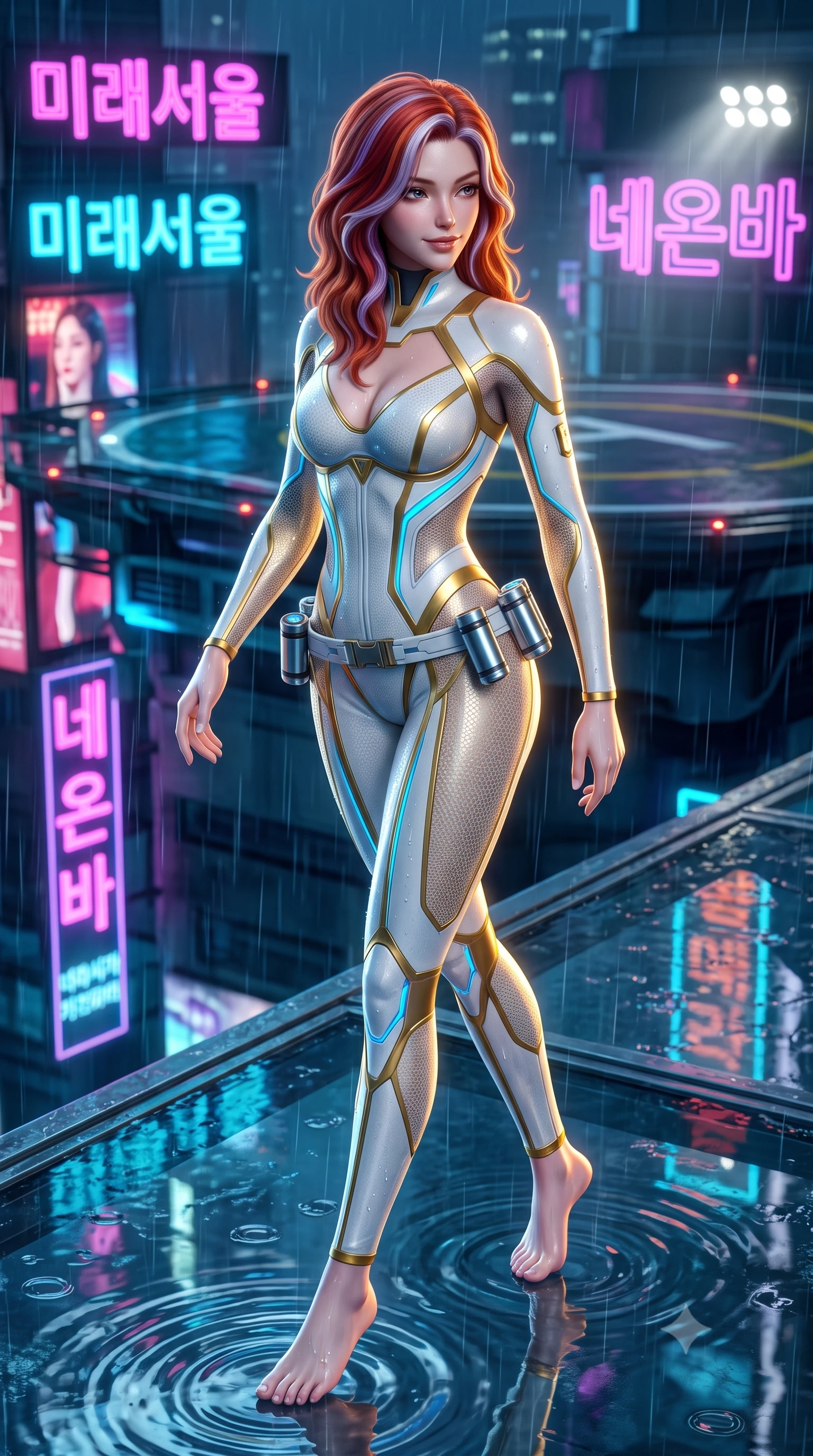 score_9, masterpiece, best quality, ultra-detailed, high-budget anime keyframe, semi-realistic 3D game render, editorial fashion photography, tasteful artistic composition, Caucasian woman. low angle full-body shot from head to toe showing her feet, filling the entire 9:16 vertical frame with her statuesque presence, stretching her vertical silhouette. walking slowly along the transparent glass skybridge, looking back over her shoulder with an air of effortless grace and an alluring, smoldering smile while walking dynamically across the wet tarmac while glancing back, her tailored combat suit hugging her curves in the neon-lit downpour. The surrounding environment is rendered in vivid detail and crisp panoramic clarity: detailed wet-look suit texture, water droplet beads on skin, and futuristic Seoul skyline architecture in high resolution. She has an absolutely perfect, statuesque 8.5-heads proportion, an exceptionally tall and slender model-like female figure with impossibly long slender legs, an ultra-slim waist, a flat toned midriff, narrow delicate ribcage, and beautifully sculpted feminine hips creating a graceful, slim hourglass silhouette without any bulky heaviness. sharp v-shaped jawline, high-bridge nose, intricate jewel-like sparkling eyes with depth, thick eyelashes, glossy parted lips with a natural sheen, bright confident smile with an enchanting and coquettish sensual glint, exuding both youthful magnetic charm and sovereign high-tech allure, flawlessly proportioned anatomical accuracy, strict slender model proportions, natural body alignment, perfectly sculpted long slender limbs, ultra-slim waistline, clean dynamic posture without body distortion. wearing a form-fitting white-and-gold zero-gravity EVA jumpsuit with an ultra-slim corseted waist and exposed clavicle line in arctic snowflake white and electric plasma blue, woven from delicate semi-opaque high-tensile nano-mesh with intricate hexagonal micro-patterns, accented with a sleek utility belt with polished magnetic canisters resting loosely on her curvy hips, the aerodynamic second-skin silhouette tightly following the natural contour of her hips and long slender legs with youthful 8.5-heads elegance. illuminated by helipad floodlights and sharp golden rim lights defining her sculpted collarbones, ultra-slim waist, and curvy hips. highly saturated vibrant anime colors, detailed shading with soft gradients, rich glossy textures, high-contrast stereoscopic depth, volumetric dynamic lighting, master piece, 9:16 ratio