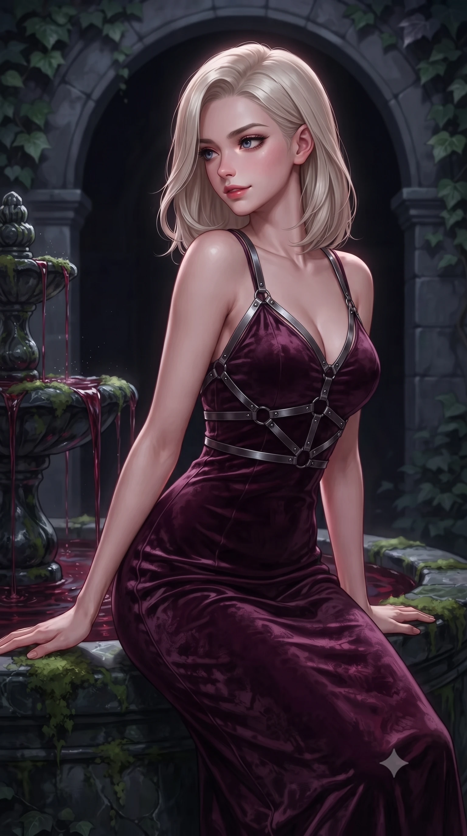 score_9, masterpiece, best quality, ultra-detailed, high-budget anime keyframe, editorial fashion photography, tasteful artistic composition, Caucasian woman. close-up cowboy shot from the waist and thighs up, the character dominates the composition, filling the frame with her large presence, background elements kept in soft focus. Glancing sidelong over her shoulder with a smoldering, enigmatic half-smile, resting against a moss-covered dark marble fountain flowing with dark ruby water, dark stone arches framed by shadowy ivy leaves in soft focus. She has an exceptionally elegant, slender, and willowy female figure with an ultra-slim waist, a gracefully sculpted slender torso, and a refined silhouette. sharp v-shaped jawline, high-bridge nose, intricate jewel-like eyes with depth, thick eyelashes, glossy lips with a natural sheen. wearing form-contouring dark crimson liquid silk long slip dress in dark plum violet, made of crushed dark silk velvet, highlighted by a gunmetal metallic harness structure, the fitted fabric emphasizing her ultra-slim waist. illuminated by cold silver rim light contrasting with deep red moon rays. highly saturated vibrant anime colors, detailed shading with soft gradients, rich glossy textures, high-contrast stereoscopic depth, volumetric dynamic lighting, master piece, 9:16 ratio