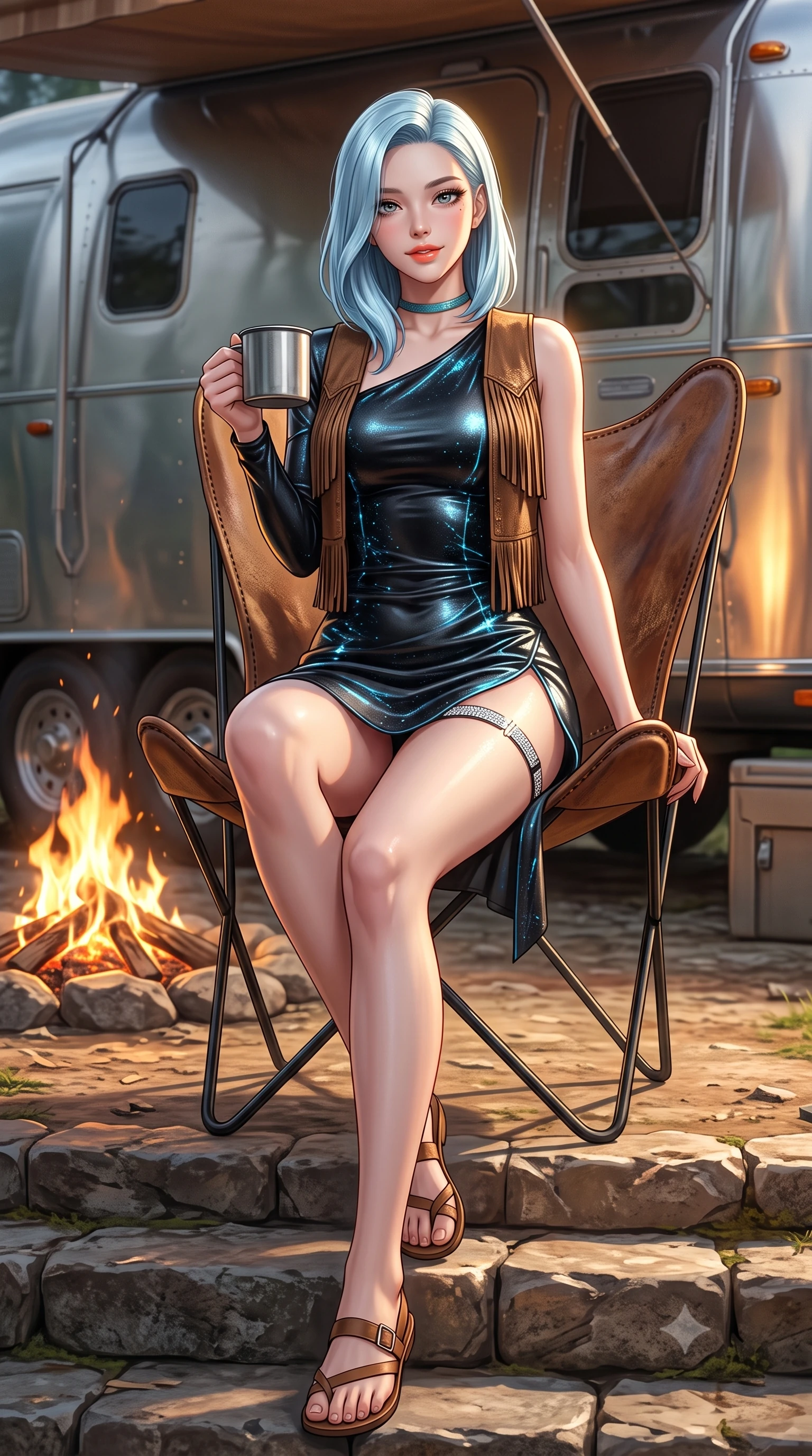 score_9, masterpiece, best quality, ultra-detailed, high-budget anime keyframe, semi-realistic 3D game render, editorial fashion photography, tasteful artistic composition, Korean woman. low angle full-body shot from head to toe showing her feet, filling the entire 9:16 vertical frame with her statuesque presence, stretching her vertical silhouette. sitting poised on the stone steps with one knee bent, arching her spine with supermodel elegance as she glances upward through thick eyelashes while lounging in a vintage butterfly leather chair by the fire, holding a tin mug with effortless coquettish charm and bedroom-eyes. The surrounding environment is rendered in vivid detail and crisp panoramic clarity: detailed fringe suede vest texture, turquoise choker gleam, and vintage camping aesthetics in razor-sharp precision. She has an absolutely perfect, statuesque 8.5-heads proportion, an exceptionally tall and slender model-like female figure with impossibly long slender legs, an ultra-slim waist, a flat toned midriff, narrow delicate ribcage, and beautifully sculpted feminine hips creating a graceful, slim hourglass silhouette without any bulky heaviness. sharp v-shaped jawline, high-bridge nose, sparkling eyes with hypnotic seductive depth, thick curled eyelashes, glossy parted lips with a natural dewy peach sheen, alluring bedroom-eyes with an enchanting coquettish smile, exuding magnetic siren charisma and sophisticated glamour, flawlessly proportioned anatomical accuracy, strict slender model proportions, natural body alignment, perfectly sculpted long slender limbs, ultra-slim waistline, clean dynamic posture without body distortion. wearing an asymmetric one-shoulder metallic leather mini dress with a dramatic side slit hugging her narrow waist and hips in wet-look onyx black with electric cyan reflections, woven from stretch metallic lurex jersey casting radiant starlight glints across her silhouette, finished with delicate crystal-encrusted thigh garter straps glinting in the sunlight, the form-contouring silhouette accentuating her sculpted flat midriff, narrow delicate ribcage, and gracefully curvy hips with intoxicating allure. illuminated by aluminum trailer reflection bounce and sharp amber-gold rim lighting sculpting her jawline, flat midriff, and voluptuous hip curves. highly saturated vibrant anime colors, detailed shading with soft gradients, rich glossy textures, high-contrast stereoscopic depth, volumetric dynamic lighting, master piece, 9:16 ratio