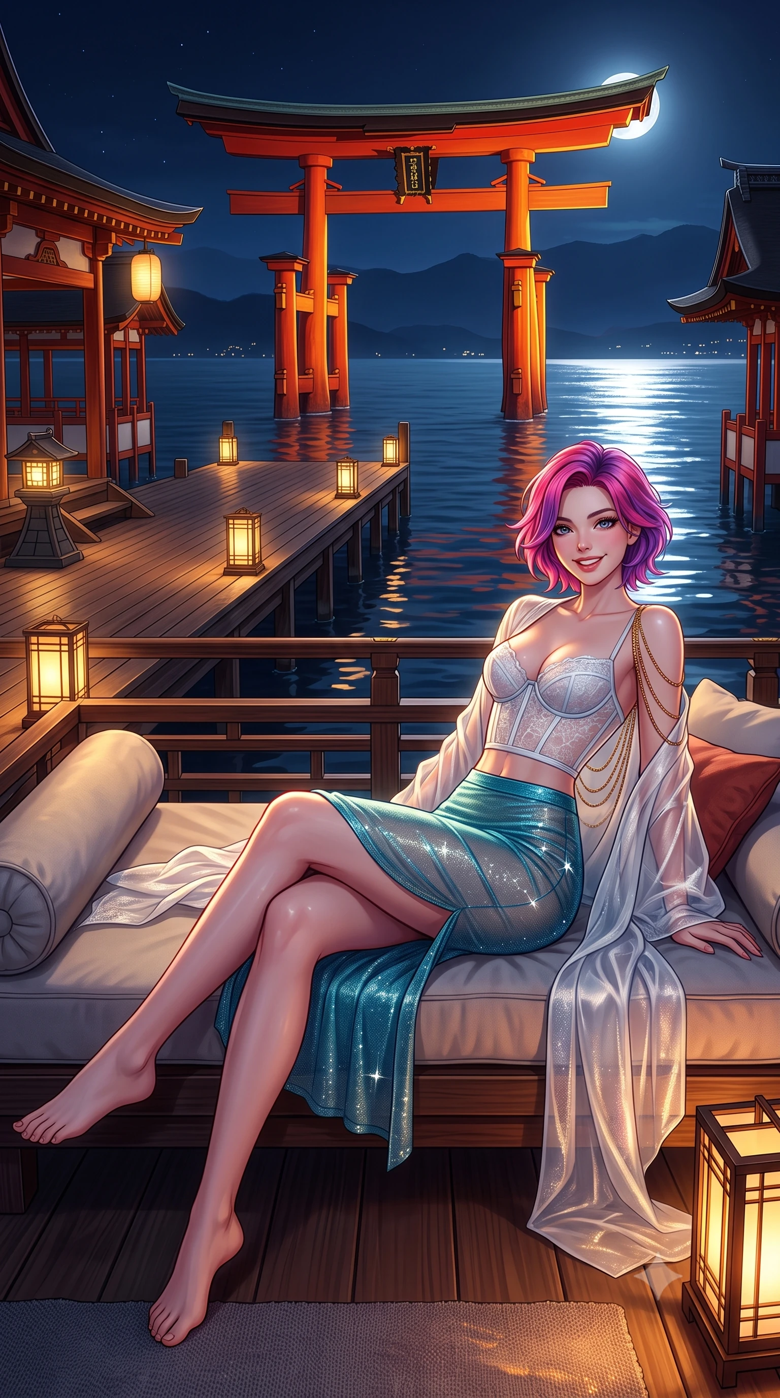 score_9, masterpiece, best quality, ultra-detailed, high-budget anime keyframe, semi-realistic 3D game render, editorial fashion photography, tasteful artistic composition, Caucasian woman. low angle full-body shot from head to toe showing her feet, filling the entire 9:16 vertical frame with her statuesque presence, stretching her vertical silhouette. lounging on the lavish daybed with legs crossed and hips angled toward the camera, displaying her toned midriff and long slender limbs with effortless siren poise while standing poised on the private wooden pier extending into the Seto Inland Sea, arching her back with queenly grace as the monumental scarlet Torii gate stands bathed in moonlight. The surrounding environment is rendered in vivid detail and crisp panoramic clarity: detailed translucent silk organza wrap robe drape, sheer lace demi-bustier cling, and shrine architecture in razor-sharp precision. She has an exceptionally tall and slender model-like 8.5-heads proportion, an ultra-slim waist, a flat toned midriff, narrow delicate ribcage, and beautifully sculpted feminine hips creating a graceful, slim hourglass silhouette without any bulky heaviness, with impossibly long slender legs. sharp v-shaped jawline, high-bridge nose, intricate jewel-like sparkling eyes with depth, thick eyelashes, glossy parted lips with a natural peach sheen, bright cheerful beaming smile with an enchanting and coquettish sensual glint, exuding both youthful cute charm and seductive allure, flawlessly proportioned anatomical accuracy, strict slender model proportions, natural body alignment, perfectly sculpted long slender limbs, ultra-slim waistline, clean dynamic posture without body distortion. wearing a sculpted underwire corset in sheer frost-white Chantilly lace paired with a high-waisted sheer mesh pencil skirt with back slit in Mediterranean bioluminescent teal and radiant pearl, woven from stretch metallic lurex jersey casting radiant starlight glints across her curves, accented with an open-back drape framed by falling strands of delicate gold chains, the glove-like clinging cut tightly following the natural contour of her hips and long slender legs with youthful 8.5-heads elegance. bathed in the golden-and-vermilion architectural floodlights of the Torii gate mixed with cool silver moonlit sea fill. highly saturated vibrant anime colors, detailed shading with soft gradients, rich glossy textures, high-contrast stereoscopic depth, volumetric dynamic lighting, master piece, 9:16 ratio