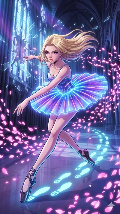 score_9, masterpiece, best quality, ultra-detailed, Set A: High-budget Anime Keyframe, Caucasian (strictly human ears) woman. Upper body close-up from the thighs up, character filling the screen for maximum presence. Sliding through a shattered glass