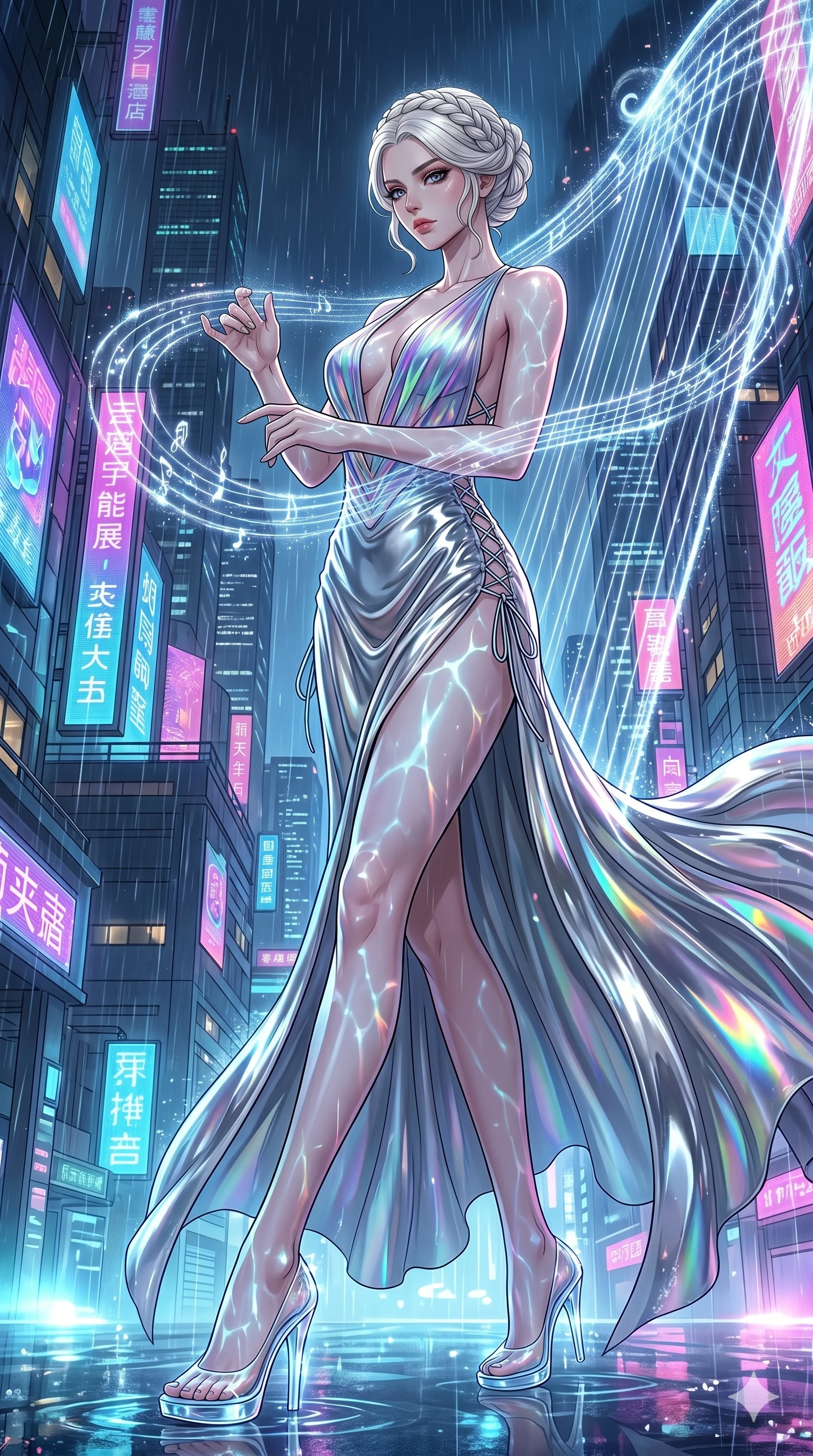score_9, masterpiece, best quality, ultra-detailed, High-budget Anime Keyframe, vibrant colors, fluid line-art, expressive lighting, cinematic composition, Ufotable-style visual effects, top-tier animation quality, Caucasian woman with pale skin, blonde hair, and (strictly human ears). Dynamic full-body shot stretching the vertical silhouette, capturing her from a powerful low-angle perspective. Playing a celestial harp made of strings of pure light, the music creating ripples in the atmosphere around her. She has an absolutely perfect 8-heads proportion, an exceptionally tall and slender female figure with impossibly long slender legs and an ultra-slim waist, her statuesque height and towering silhouette dominating the vertical 9:16 frame. Her face is a masterpiece featuring a sharp v-shaped jawline, high-bridge nose, intricate jewel-like eyes with depth, thick eyelashes, and glossy lips with a natural sheen. She is wearing a Liquid mercury fabric dress that clings perfectly to her every curve with a deep plunging neckline crafted from Holographic chiffon that changes color with every movement, creating a rainbow effect, featuring a deep plunging neckline and delicate lace-up side details. The scene is set in a sprawling cyberpunk metropolis in heavy rain with vibrant neon glows reflecting on every surface, illuminated by underwater caustic lighting with ripples of light dancing across her body. 2k, ultra detail, master piece, 9:16 ratio