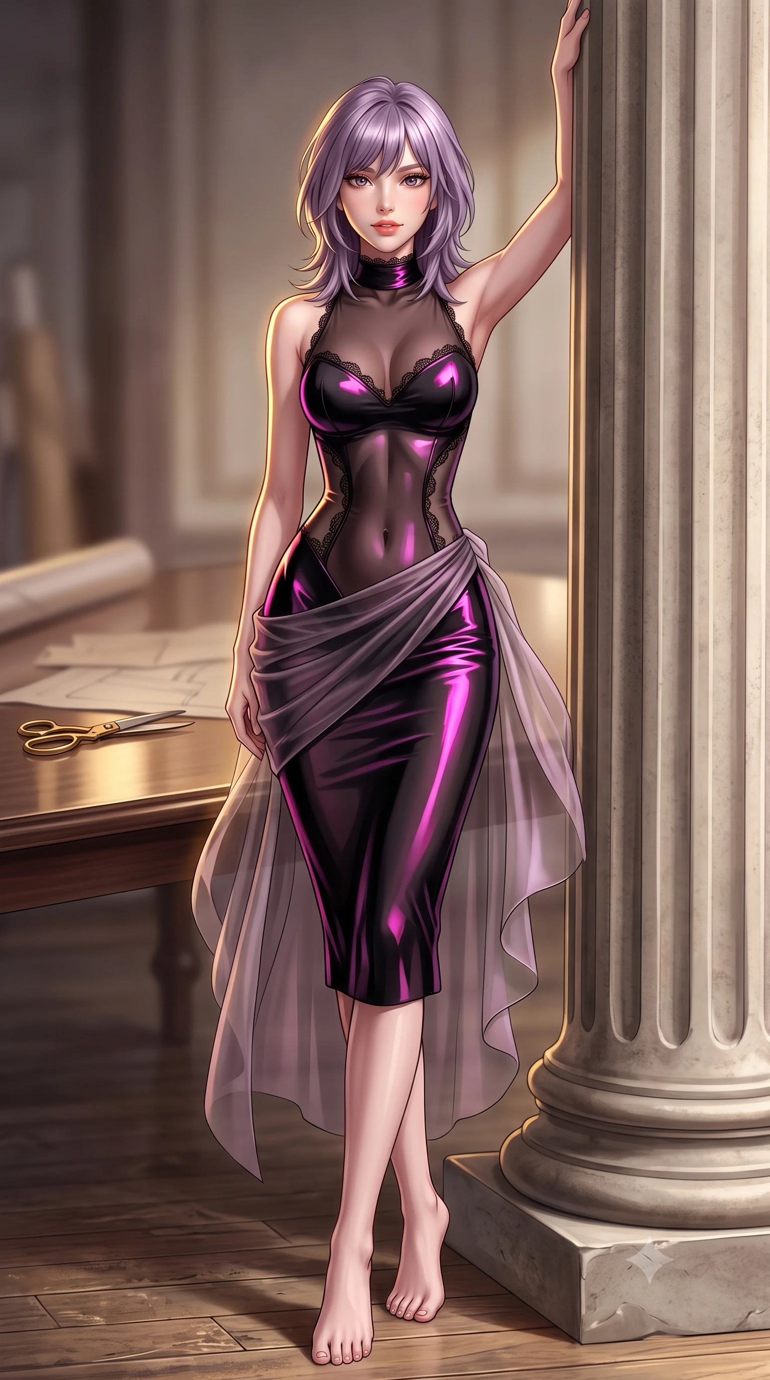 score_9, masterpiece, best quality, ultra-detailed, high-budget anime keyframe, semi-realistic 3D game render, editorial fashion photography, tasteful artistic composition, Japanese woman. low angle full-body shot from head to toe showing her feet, filling the entire 9:16 vertical frame with her statuesque presence, stretching her vertical silhouette. standing tall beside the architectural column, one hand resting high while arching her lower back to emphasize her sculpted feminine hips and slender waist while twisting her slender torso in an alluring contrapposto stance, sheer silk fabric rolls draping around her narrow waist and curvy hips. The background shows a soft-focus brass tailor shears and pattern papers softened in nostalgic atelier shallow focus. She has an absolutely perfect, statuesque 8.5-heads proportion, an exceptionally tall and slender model-like female figure with impossibly long slender legs, an ultra-slim waist, a flat toned midriff, narrow delicate ribcage, and beautifully sculpted feminine hips creating a graceful, slim hourglass silhouette without any bulky heaviness. sharp v-shaped jawline, high-bridge nose, sparkling eyes with hypnotic seductive depth, thick curled eyelashes, glossy parted lips with a natural dewy peach sheen, alluring bedroom-eyes with an enchanting coquettish smile, exuding magnetic siren charisma and sophisticated glamour, flawlessly proportioned anatomical accuracy, strict slender model proportions, natural body alignment, perfectly sculpted long slender limbs, ultra-slim waistline, clean dynamic posture without body distortion. wearing a provocative high-neck sheer illusion ballet dress with liquid satin ribbons contouring her curves in wet-look onyx black with electric magenta reflections, crafted from second-skin technical compression fabric with moisture-wicking stretch, finished with scalloped eyelash lace trim framing her sweetheart neckline with intimate elegance, the form-contouring silhouette accentuating her sculpted flat midriff, narrow delicate ribcage, and gracefully curvy hips with intoxicating allure. illuminated by polished table reflection fill and sharp warm-gold rim lights defining her razor-sharp jawline, narrow waist, and curvy hips. highly saturated vibrant anime colors, detailed shading with soft gradients, rich glossy textures, high-contrast stereoscopic depth, volumetric dynamic lighting, master piece, 9:16 ratio
