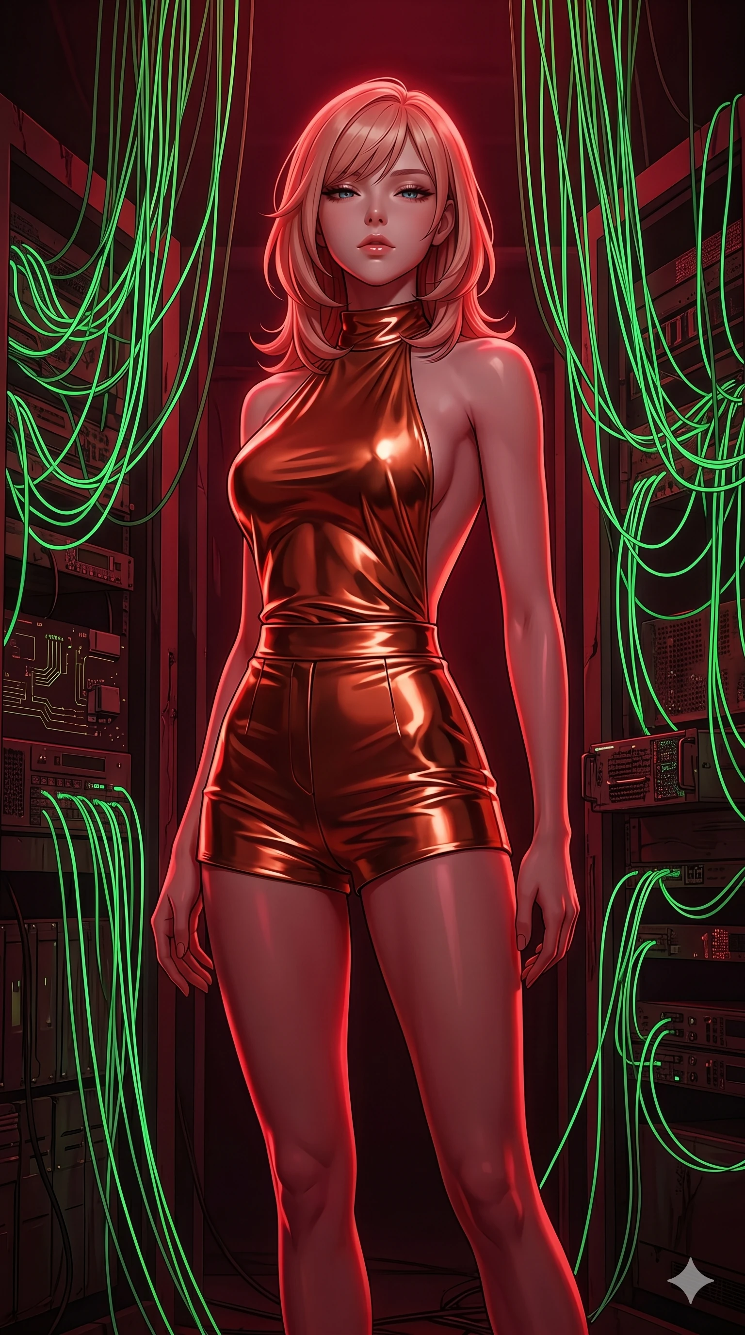 score_9, masterpiece, best quality, ultra-detailed, high-budget anime keyframe, editorial fashion photography, tasteful artistic composition, Japanese woman. cowboy shot from the thighs up, character and outfit filling the frame for maximum editorial presence. Arching her neck slightly with her eyes half-closed in composure inside an abandoned cybernetic server vault where neon-green wires drape like willow branches. She has an absolutely perfect 8-heads proportion, an exceptionally tall and slender female figure with impossibly long slender legs and an ultra-slim waist. V-shaped jawline, high-bridge nose, intricate jewel-like eyes with depth, thick eyelashes, glossy lips with a natural sheen. wearing a halter-neck top in liquid copper fabric with an open-back design, paired with matching high-waist tailored shorts that elongate her slender silhouette. drenched in deep crimson theatrical lighting with sharp specular highlights on every curve. 2k, ultra detail, master piece, 9:16 ratio