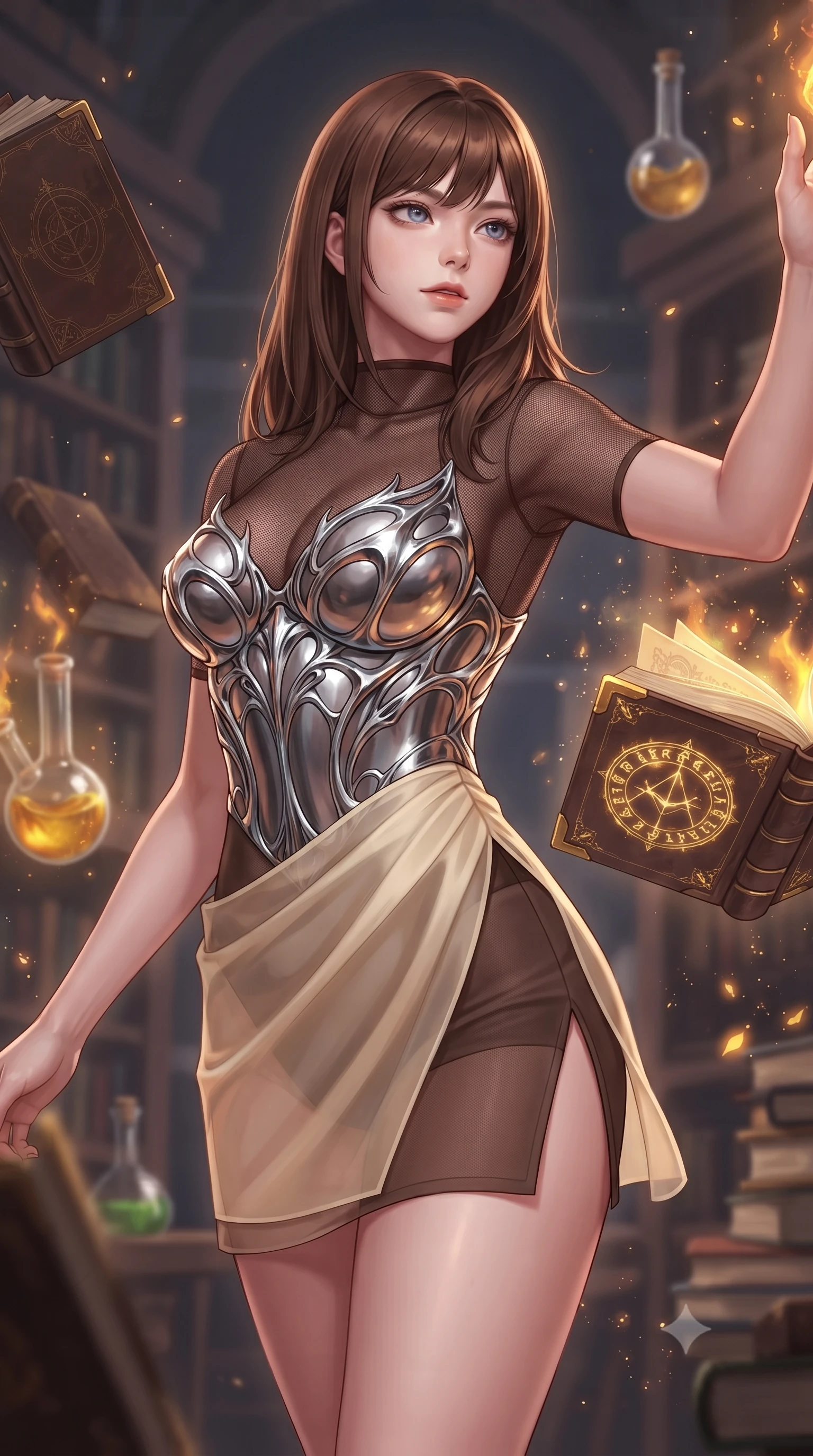 score_9, masterpiece, best quality, ultra-detailed, high-budget anime keyframe, editorial fashion photography, tasteful artistic composition, Korean woman. close-up cowboy shot from the waist and thighs up, the character dominates the composition, filling the frame with her large presence, background elements kept in soft focus. Gazing past the camera with an air of effortless elegance and mysterious confidence navigating an arcane library with floating leather-bound books and glass flasks, leather-bound grimoires with glowing gold arcane runes open nearby. She has an exceptionally elegant, slender, and willowy female figure with an ultra-slim waist, a gracefully sculpted slender torso, and a refined silhouette. sharp v-shaped jawline, high-bridge nose, intricate jewel-like eyes with depth, thick eyelashes, glossy lips with a natural sheen. wearing a chrome-plated structured bodice worn over a sheer mesh top and micro-shorts in espresso brown and warm cream, woven from fine semi-opaque sheer organza, finished with a sleek side slit ascending to mid-thigh, the elegant draped fit framing her graceful clavicle and slender torso. illuminated by amber potion flames and sparkling spore highlights. highly saturated vibrant anime colors, detailed shading with soft gradients, rich glossy textures, high-contrast stereoscopic depth, volumetric dynamic lighting, master piece, 9:16 ratio
