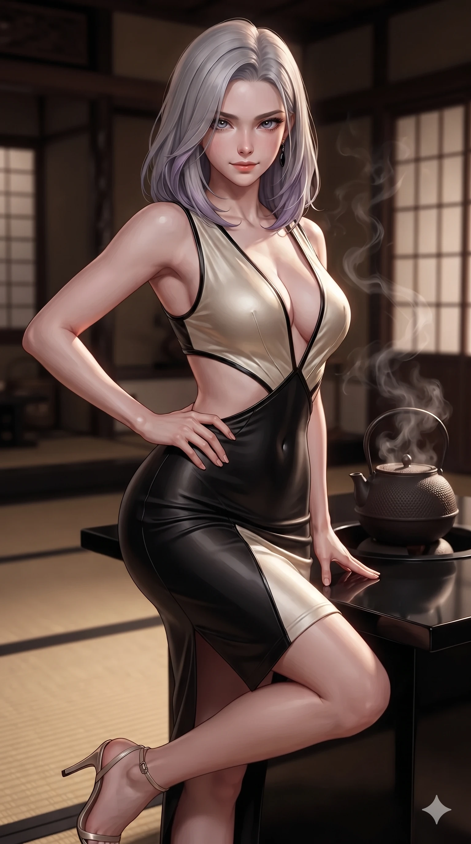 score_9, masterpiece, best quality, ultra-detailed, high-budget anime keyframe, editorial fashion photography, tasteful artistic composition, Caucasian woman. close-up cowboy shot from the waist and thighs up, the character dominates the composition, filling the frame with her large presence. holding a confident power pose with one hand on her hip, looking into the lens with smoldering intensity while twisting her slender torso in an alluring S-curve beside the steaming cast-iron tetsubin kettle, fragrant black incense smoke drifting past her curves. The background shows a soft-focus exclusive Kyoto dark tea pavilion softened in intimate sanctuary shallow focus. She has an exceptionally elegant, slender, and willowy female figure with an ultra-slim waist, flat toned midriff, narrow ribcage, and sculpted feminine hips creating an alluring, slim hourglass silhouette without bulk. sharp v-shaped jawline, high-bridge nose, intricate jewel-like dark sparkling eyes with hypnotic seductive depth, thick curled eyelashes, glossy parted lips with a natural wine sheen, alluring bedroom-eyes with an enigmatic smoldering smile, exuding magnetic sovereign charisma and dark avant-garde glamour, flawlessly proportioned anatomical accuracy, strict slender model proportions, natural body alignment, perfectly sculpted long slender limbs, ultra-slim waistline, clean dynamic posture without body distortion. wearing a slinky deep-V liquid dark jersey cocktail dress with waist cutout accentuating her curves in celestial champagne ivory and high-gloss jet black, woven from bespoke high-density barathea wool with refined ceremonial hold, adorned with minimalist black onyx hardware framing the silhouette, the form-fitting cut adhering flawlessly to her sculpted flat midriff and slender torso, emphasizing her long leg lines and perfectly proportioned willowy build. illuminated by black lacquer table surface bounce and sharp warm-gold rim lights sculpting her razor-sharp jawline, narrow waist, and curvy hips. ultra-reflective glossy finish, specular highlights, metallic sheen, high-contrast stereoscopic depth, volumetric dynamic lighting, 2k, ultra detail, master piece, 9:16 ratio