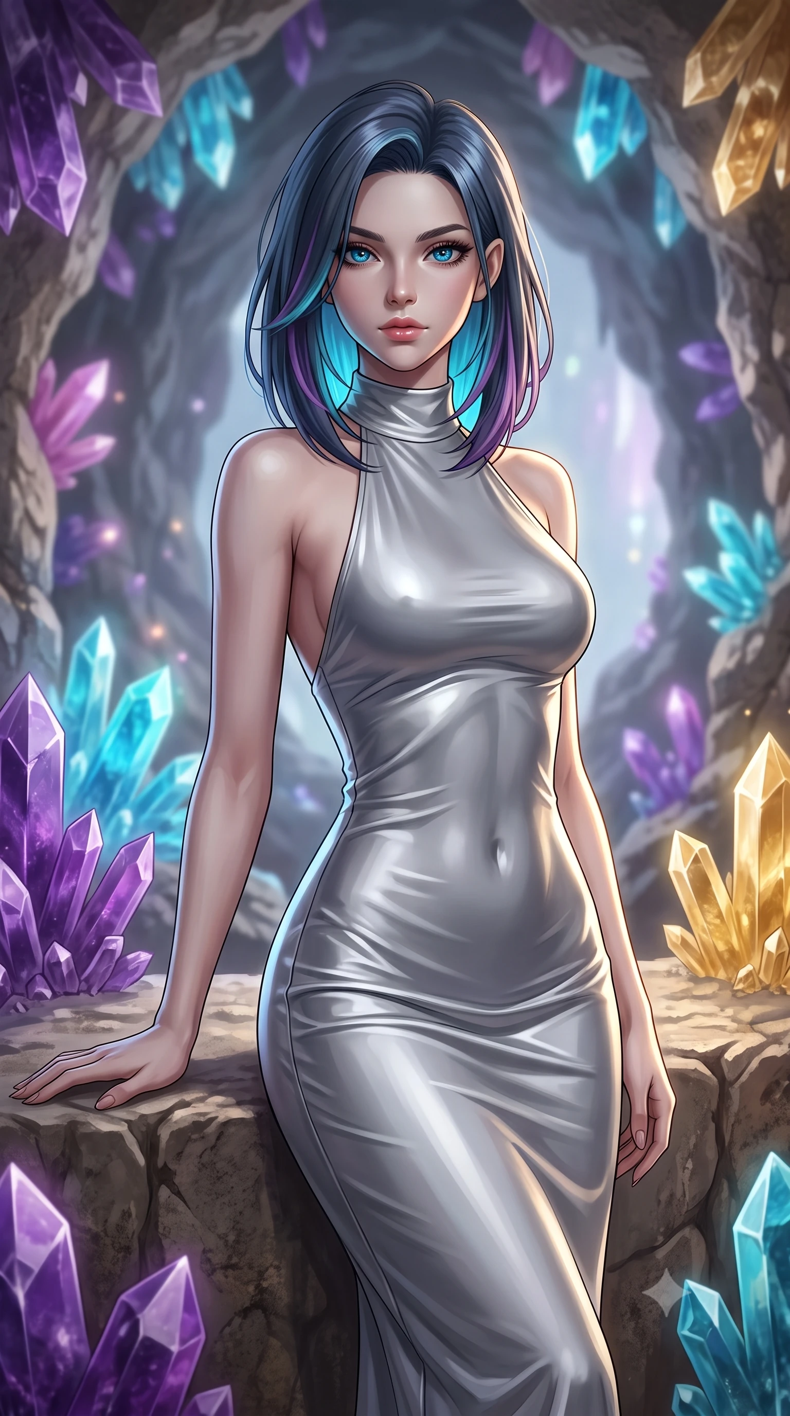 score_9, masterpiece, best quality, ultra-detailed, high-budget anime keyframe, editorial fashion photography, tasteful artistic composition, Caucasian woman, strictly human ears. close-up cowboy shot from the waist and thighs up, the character dominates the composition, filling the frame with her large presence, background elements kept in soft focus. Resting one arm elegantly against a surface with a poised relaxed stance. set against a soft-focus background of deep inside a hollowed-out asteroid whose rough stone walls are lined with enormous crystal formations in every imaginable color from deep violet amethyst to electric blue aquamarine to warm citrine gold. She has an exceptionally elegant and slender, willowy female figure with an ultra-slim waist, a gracefully sculpted slender torso, and a refined slim physique. sharp v-shaped jawline, high-bridge nose, intricate jewel-like eyes with depth, thick eyelashes, glossy lips with a natural sheen. wearing a liquid silver midi dress with a high halter neckline, draped elegantly to contour her slender physique. soft glowing ambient light with sharp side key light tracing the sleek contours of her figure. 2k, ultra detail, master piece, 9:16 ratio