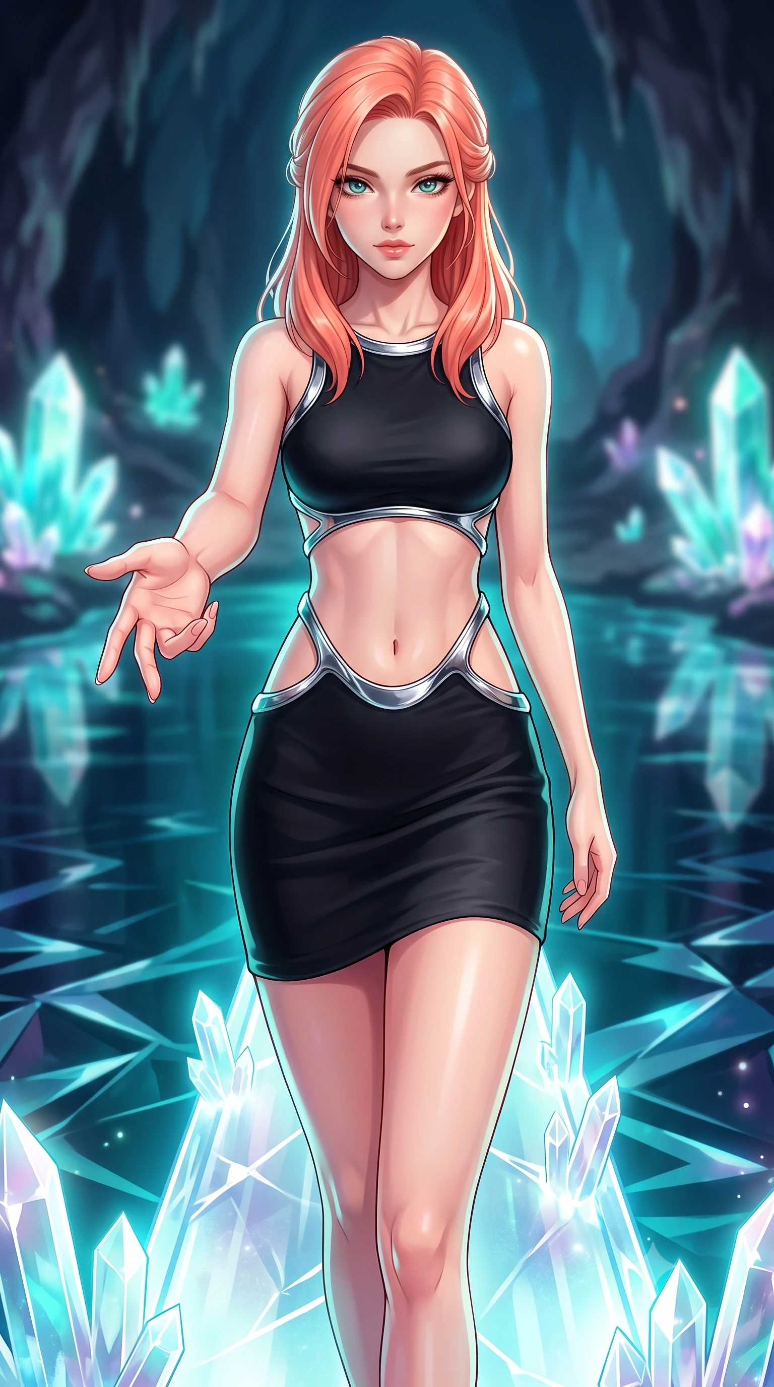 score_9, masterpiece, best quality, ultra-detailed, high-budget anime keyframe, editorial fashion photography, tasteful artistic composition, Japanese woman. close-up cowboy shot from the waist and thighs up, the character dominates the composition, filling the frame with her large presence, background elements kept in soft focus. Reaching one hand gracefully toward the viewer with effortless superiority and allure stepping along a glowing quartz crystal bridge over a subterranean mirror lake, sharp crystalline reflections creating an opulent, jewel-like ambience. She has an exceptionally elegant, slender, and willowy female figure with an ultra-slim waist, a gracefully sculpted slender torso, and a refined silhouette. sharp v-shaped jawline, high-bridge nose, intricate jewel-like eyes with depth, thick eyelashes, glossy lips with a natural sheen. wearing a dramatic open-waist cutout mini dress in matte black framed by sculptural chrome hardware, the form-contouring material highlighting her ultra-slim waist and long lines. surrounded by a cool jewel-toned luminescence with bright specular rim lights. highly saturated vibrant anime colors, detailed shading with soft gradients, rich glossy textures, high-contrast stereoscopic depth, volumetric dynamic lighting, master piece, 9:16 ratio