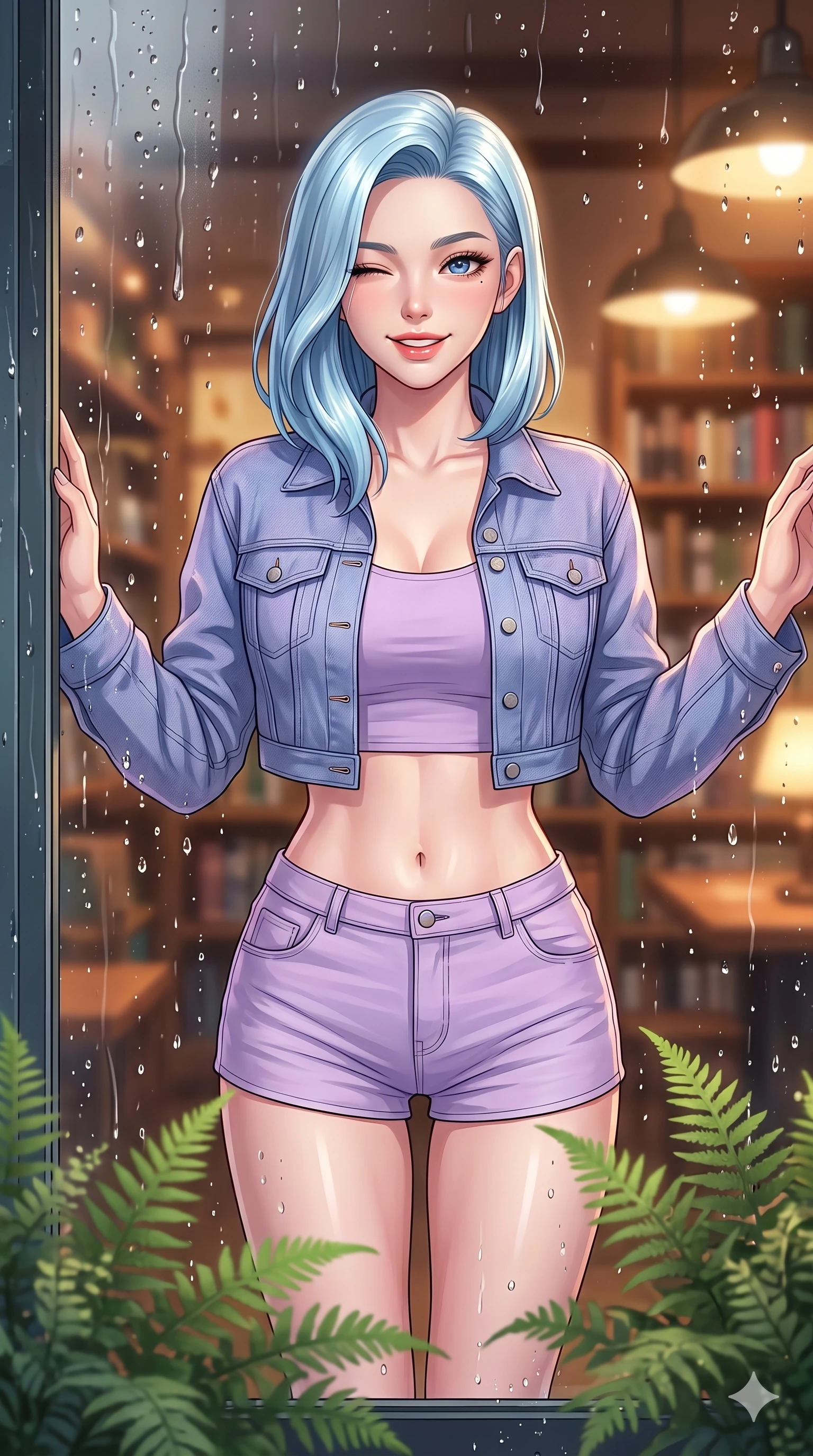 score_9, masterpiece, best quality, ultra-detailed, high-budget anime keyframe, vibrant anime aesthetic, Korean woman. close-up cowboy shot from the waist and thighs up, the character dominates the composition, filling the frame with her large presence, background elements kept in soft focus. She is peering through a rain-streaked window, winking with a playful grin, gazing softly at the camera lens standing amidst vibrant green ferns. inside a cozy bookstore cafe with warm reading lights, facing a glass wall covered in fresh rain droplets (Code-P22-088). She has an absolutely perfect proportion, an exceptionally elegant and slender female figure with an ultra-slim waist. V-shaped jawline, high-bridge nose, intricate jewel-like eyes with depth, thick eyelashes, glossy lips with a natural sheen. wearing a cropped denim jacket over a fitted crop top and short-shorts in pastel lavender. She is drenched in soft daylight filtering through rain-streaked glass panels, highlighting her V-shaped jawline inside the glass pavilion. 2k, ultra detail, master piece, 9:16 ratio
