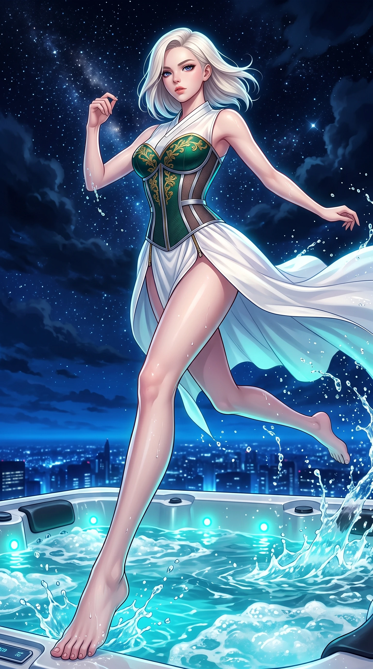 score_9, masterpiece, best quality, ultra-detailed, high-budget anime keyframe, editorial fashion photography, tasteful artistic composition, Caucasian woman. low angle full-body shot from head to toe showing her feet, filling the entire 9:16 vertical frame with her statuesque presence, stretching her vertical silhouette. leaping dynamically through the starry space, her posture full of power and elegance, immersed to the waist in bubbling jacuzzi water under a midnight stormy sky, alluring nocturnal lifestyle composition. She has an absolutely perfect, statuesque 8.5-heads proportion, an exceptionally tall and slender model-like female figure with impossibly long slender legs and an ultra-slim waist. sharp v-shaped jawline, high-bridge nose, intricate jewel-like eyes with depth, thick eyelashes, glossy lips with a natural sheen. wearing modern fusion white hanbok dress with structured gold-embroidered bodice in deep emerald green, made of fine dark contouring mesh, finished with metallic silver boning and sleek zipper points, highlighting her statuesque proportions and ultra-slim waistline. illuminated by glowing aqua LED jacuzzi lights and distant city skyglow. highly saturated vibrant anime colors, detailed shading with soft gradients, rich glossy textures, high-contrast stereoscopic depth, volumetric dynamic lighting, master piece, 9:16 ratio