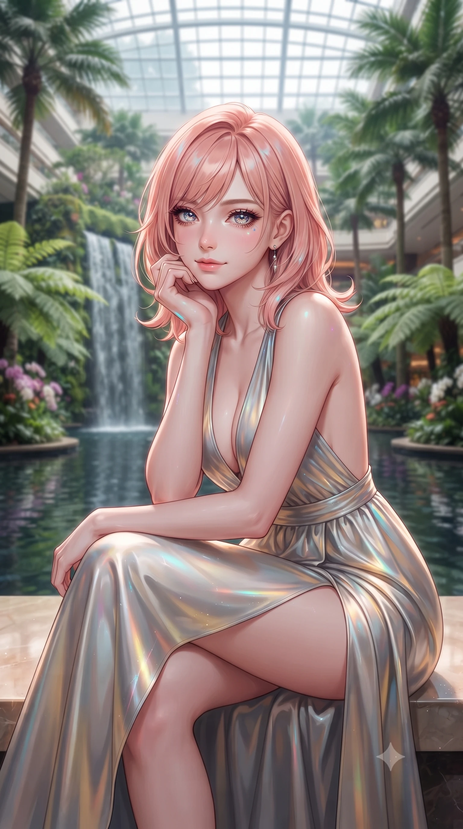 score_9, masterpiece, best quality, ultra-detailed, high-budget anime keyframe, editorial fashion photography, tasteful artistic composition, Japanese woman. close-up cowboy shot from the waist and thighs up, the character dominates the composition, filling the frame with her large presence, background elements kept in soft focus. Resting her chin on the backs of her fingers in a confident pose. set against a soft-focus background of a luxury hotel's soaring six-story glass atrium filled with towering tropical palms massive ferns rare orchid collections and a grand waterfall cascading down a living moss wall into a reflection pool. She has an exceptionally elegant and slender, willowy female figure with an ultra-slim waist, a gracefully sculpted slender torso, and a refined slim physique. sharp v-shaped jawline, high-bridge nose, intricate jewel-like eyes with depth, thick eyelashes, glossy lips with a natural sheen. wearing a deep plunging-V neck maxi dress in a liquid silver and gold gradient, featuring a bold open-back and a daring high slit. starlight and nebula glow casting soft cosmic pink and cyan highlights on her form. 2k, ultra detail, master piece, 9:16 ratio