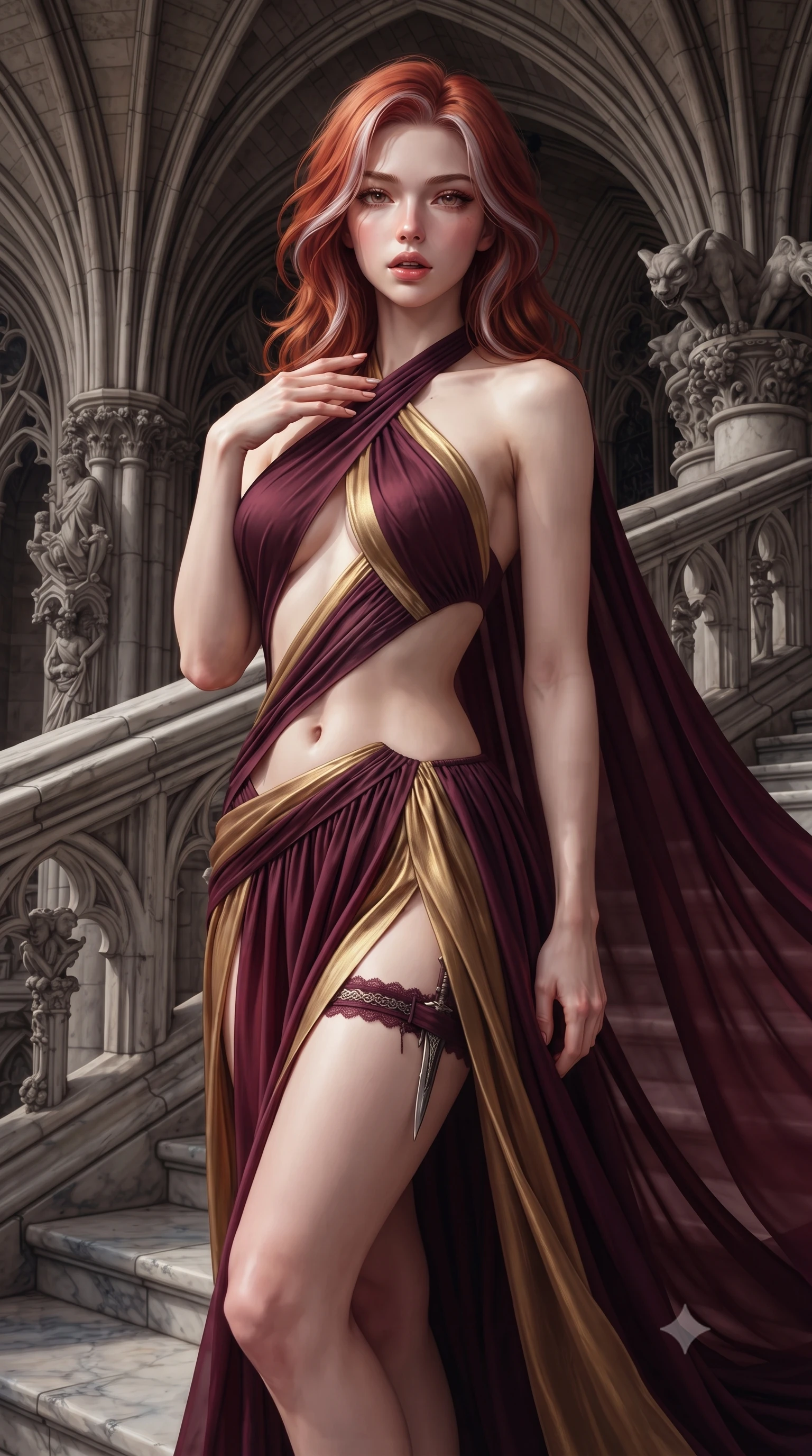 score_9, masterpiece, best quality, ultra-detailed, high-budget anime keyframe, editorial fashion photography, tasteful artistic composition, Caucasian woman. close-up cowboy shot from the waist and thighs up, the character dominates the composition, filling the frame with her large presence. resting one manicured hand delicately on her bare collarbone, her upper body twisting in a fluid, voluptuous yet slender curve while descending the cold cathedral steps with fluid supermodel momentum, the night wind fluttering her dark drapery. The surrounding environment is rendered in vivid detail and crisp panoramic clarity. intricate stone rib vaulting, gothic gargoyle carvings, and cold marble flagstone textures in deep focus. She has an exceptionally elegant, slender, and willowy female figure with an ultra-slim waist, a gracefully sculpted slender torso, toned flat midriff, and a refined slim silhouette. sharp v-shaped jawline, high-bridge nose, intricate jewel-like eyes with depth, thick eyelashes, glossy parted lips with a natural sheen, intensely captivating and seductive expression, flawlessly proportioned anatomical accuracy, strict slender model proportions, natural body alignment, perfectly sculpted long slender limbs, ultra-slim waistline, clean dynamic posture without body distortion. wearing a gothic siren halter-neck dress with dramatic diagonal torso cutouts and a trailing floor-length silk cape in deep royal wine burgundy and liquid gold, woven from layered gossamer chiffon with a weightless sweeping drape, equipped with a concealed dagger sheath garter under her slit skirt, the precision-cut daring openings accentuating her delicate midriff, graceful bare collarbones, and ultra-slim feminine waistline. surrounded by an immortal, transcendent, and breathtakingly majestic gothic siren aura. ultra-reflective glossy finish, specular highlights, rich textural contrasts, high-contrast stereoscopic depth, volumetric dynamic lighting, 2k, ultra detail, master piece, 9:16 ratio