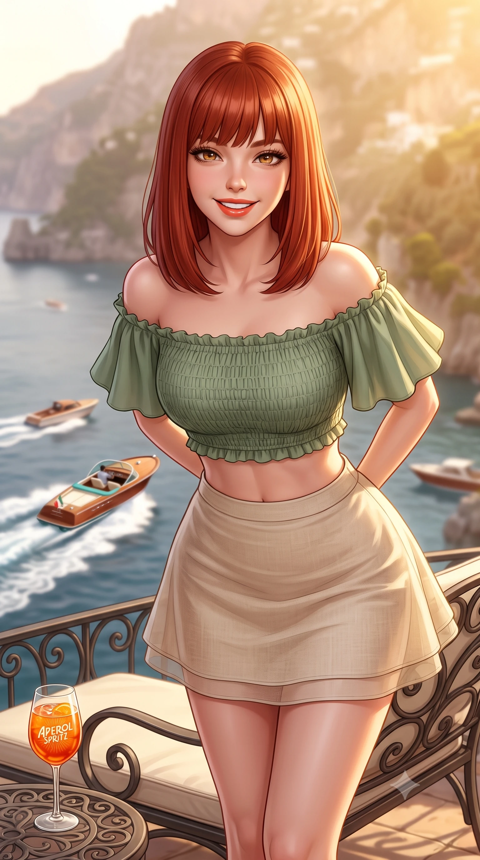 score_9, masterpiece, best quality, ultra-detailed, high-budget anime keyframe, semi-realistic 3D game render, editorial fashion photography, tasteful artistic composition, Caucasian woman. close-up cowboy shot from the waist and thighs up, the character dominates the composition, filling the frame with her large presence. resting both hands lightly behind her back while leaning toward the lens with a cheerful, teasing grin, her form-fitting outfit hugging her narrow waist and feminine hip curve while lounging on an outdoor wrought-iron chaise holding an Aperol spritz, her sun-drenched supermodel proportions commanding the vertical frame. The composition keeps background elements in soft focus with dreamy creamy bokeh. luxury wooden speedboats leaving white wakes across the evening bay softened in iconic Amalfi shallow focus. She has an exceptionally elegant, slender, and willowy female figure with an ultra-slim waist, flat toned midriff, narrow ribcage, and sculpted feminine hips creating an alluring, slim hourglass silhouette without bulk. sharp v-shaped jawline, high-bridge nose, sparkling amber-hazel eyes with depth, long lush eyelashes, glossy sun-kissed lips with a warm coral glaze, radiant teasing smile with sensual sunlit bedroom-eyes, exuding effortless old-money elegance and intoxicating sun-drenched allure, flawlessly proportioned anatomical accuracy, strict slender model proportions, natural body alignment, perfectly sculpted long slender limbs, ultra-slim waistline, clean dynamic posture without body distortion. wearing a chic off-shoulder smocked crop blouse paired with a tight high-waisted linen A-line mini skirt emphasizing her curvy hips in sage green and warm almond beige, woven from layered gossamer organza with weightless flutter, featuring elegant flutter sleeves and a graceful square neckline, the glove-like silhouette tightly following the natural contour of her hips and long slender legs with youthful 8.5-heads elegance. bathed in luminous golden hour sunlight reflecting off the vertical cliff walls. highly saturated vibrant anime colors, detailed shading with soft gradients, rich glossy textures, high-contrast stereoscopic depth, volumetric dynamic lighting, master piece, 9:16 ratio