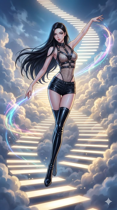 score_9, masterpiece, best quality, ultra-detailed, high-budget anime movie keyframe, cinematic anime lighting, intricate line art, Japanese woman. Mid-air action shot capturing a graceful twist and vertical silhouette. weaving a staircase of light i