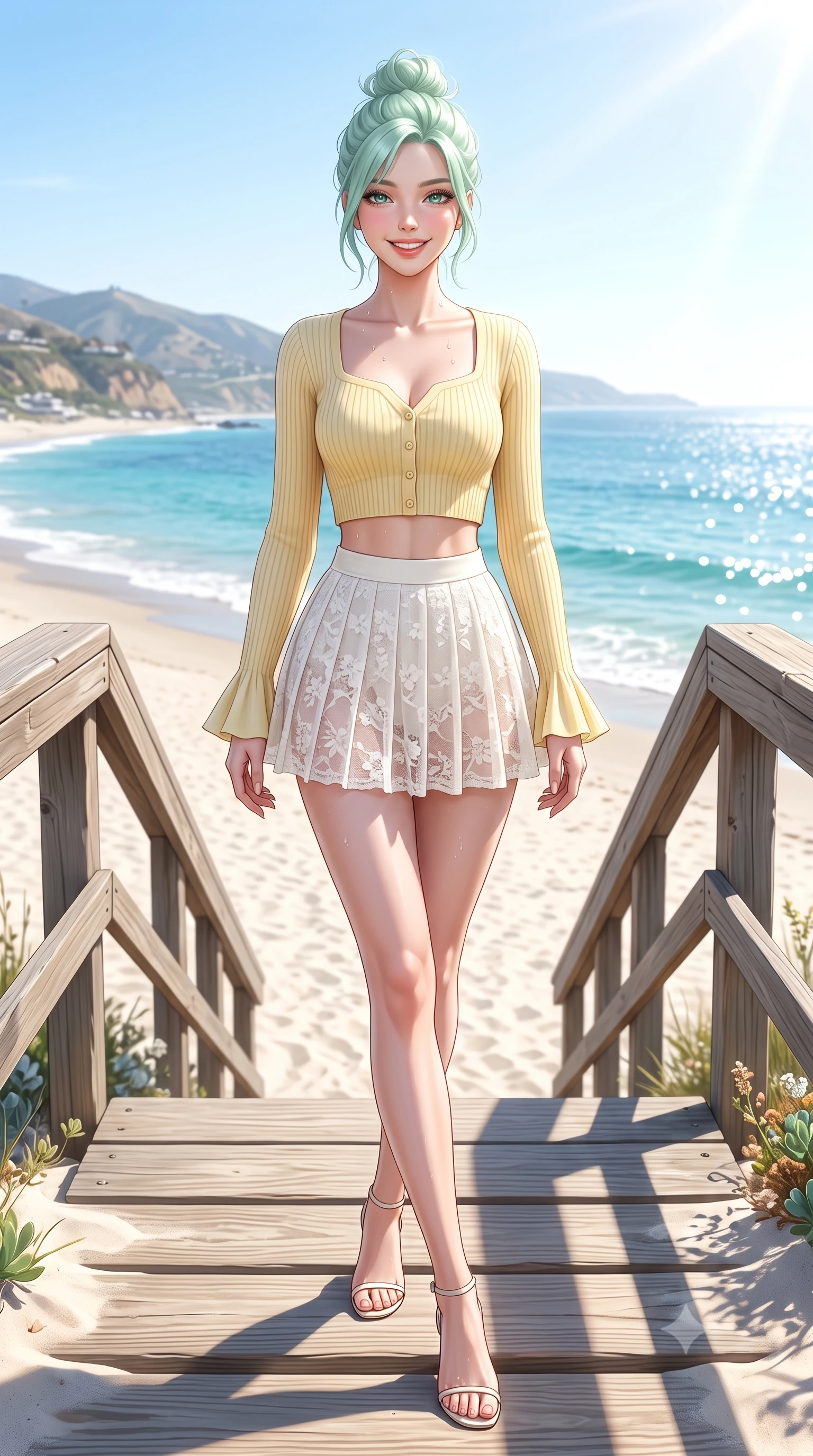 score_9, masterpiece, best quality, ultra-detailed, high-budget anime keyframe, semi-realistic 3D game render, editorial fashion photography, tasteful artistic composition, Japanese woman. low angle full-body shot from head to toe showing her feet, filling the entire 9:16 vertical frame with her statuesque presence, stretching her vertical silhouette. sitting perched on the elevated edge with legs crossed and hips angled toward the camera, displaying her toned midriff and long slender limbs with a joyful, coquettish smile while walking gracefully down the private beach boardwalk steps with a beaming smile, her breezy resort wear hugging her narrow waist and hips. The surrounding environment is rendered in vivid detail and crisp panoramic clarity. detailed swimwear fabric sheen, water droplet beads on skin, and Malibu coastline clarity in high resolution. She has an exceptionally tall and slender model-like 8.5-heads proportion, an ultra-slim waist, a flat toned midriff, narrow delicate ribcage, and beautifully sculpted feminine hips creating a graceful, slim hourglass silhouette without any bulky heaviness, with impossibly long slender legs. sharp v-shaped jawline, high-bridge nose, intricate jewel-like sparkling eyes with depth, thick eyelashes, glossy parted lips with a natural peach sheen, bright cheerful beaming smile with an enchanting and coquettish sensual glint, exuding both youthful cute charm and seductive allure, flawlessly proportioned anatomical accuracy, strict slender model proportions, natural body alignment, perfectly sculpted long slender limbs, ultra-slim waistline, clean dynamic posture without body distortion. wearing a cropped pastel ribbed knit cardigan paired with an ultra-short high-waisted pleated tennis skirt clinging tightly to her curvy hips in bright butter yellow and fresh cream white, made of sheer contouring stretch lace with delicate floral patterns, featuring elegant flutter sleeves and a graceful square neckline, the glove-like silhouette tightly following the natural contour of her hips and long slender legs with youthful 8.5-heads elegance. illuminated by intense specular sea foam reflections sharply sculpting her razor-sharp jawline, narrow waist, and curvy hips. highly saturated vibrant anime colors, detailed shading with soft gradients, rich glossy textures, high-contrast stereoscopic depth, volumetric dynamic lighting, master piece, 9:16 ratio