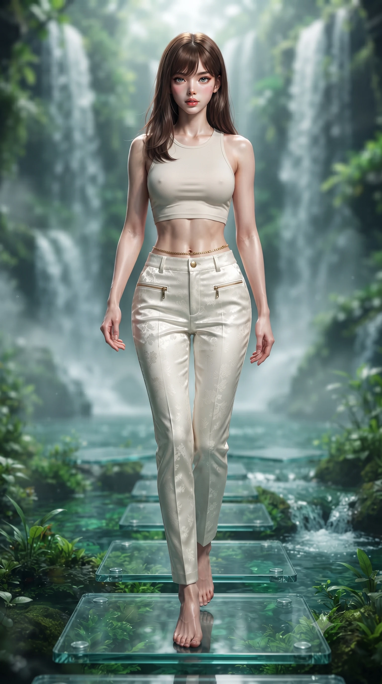 score_9, masterpiece, best quality, ultra-detailed, high-budget anime keyframe, editorial fashion photography, tasteful artistic composition, Korean woman. low angle full-body shot from head to toe showing her feet, filling the entire 9:16 vertical frame with her statuesque presence, stretching her vertical silhouette. striding forward in a proud, dynamic supermodel runway stride, hips swaying in an alluring kinetic rhythm that stretches her silhouette while standing poised on a floating glass stepping stone above the emerald biosphere, displaying her flawless slender proportions. The composition keeps background elements in soft focus with creamy bokeh. cascading canopy waterfalls and rising water vapors softened in cinematic atmospheric depth. She has an absolutely perfect, statuesque 8.5-heads proportion, an exceptionally tall and slender model-like female figure with impossibly long slender legs, a toned flat midriff, and an ultra-slim waist. sharp v-shaped jawline, high-bridge nose, intricate jewel-like eyes with depth, thick eyelashes, glossy parted lips with a natural sheen, intensely captivating and seductive expression, flawlessly proportioned anatomical accuracy, strict slender model proportions, natural body alignment, perfectly sculpted long slender limbs, ultra-slim waistline, clean dynamic posture without body distortion. wearing an aerodynamic eco-chic racerback crop tank with high-waisted white utility trousers in pristine ivory white and brushed brass gold, tailored from smooth liquid silk satin with subtle floral jacquard, accented with an ultra-slim golden waist chain accentuating her flat midriff, the form-contouring material adhering flawlessly to her sculpted flat midriff and slender torso, emphasizing her long leg lines and perfectly proportioned willowy build. surrounded by a fresh, captivating, and delightfully invigorating summer muse aura. ultra-reflective glossy finish, specular highlights, rich textural contrasts, high-contrast stereoscopic depth, volumetric dynamic lighting, 2k, ultra detail, master piece, 9:16 ratio