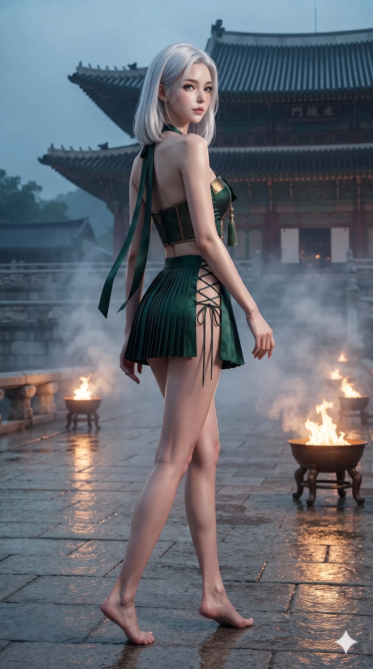 score_9, masterpiece, best quality, ultra-detailed, high-budget anime keyframe, editorial fashion photography, tasteful artistic composition, Korean woman. low angle full-body shot from head to toe showing her feet, filling the entire 9:16 vertical frame with her statuesque presence, stretching her vertical silhouette. walking along the waterfront terrace with poise, looking back over her bare shoulder with an irresistible smoldering bedroom-gaze while walking slowly through the fragrant misty hall with feline poise, her long slender legs and curvy hips commanding the sacred atmosphere. The surrounding environment is rendered in vivid detail and crisp panoramic clarity: detailed sheer dark chiffon gown drape, structured bodice silhouette, and imperial palace architecture in razor-sharp clarity. She has an absolutely perfect, statuesque 8.5-heads proportion, an exceptionally tall and slender model-like female figure with impossibly long slender legs, an ultra-slim waist, a flat toned midriff, narrow delicate ribcage, and beautifully sculpted feminine hips creating a graceful, slim hourglass silhouette without any bulky heaviness. sharp v-shaped jawline, high-bridge nose, sparkling eyes with hypnotic seductive depth, thick curled eyelashes, glossy parted lips with a natural dewy peach sheen, alluring bedroom-eyes with an enchanting coquettish smile, exuding magnetic siren charisma and sophisticated glamour, flawlessly proportioned anatomical accuracy, strict slender model proportions, natural body alignment, perfectly sculpted long slender limbs, ultra-slim waistline, clean dynamic posture without body distortion. wearing a modern boned hanbok bustier top with norigae tassel paired with an ultra-short micro-pleated silk wrap mini skirt in dark emerald forest and brushed antique gold, featuring fine criss-cross lace-up side ties revealing tantalizing glimpses of her hip curve, finished with long silk ribbon ties fluttering down her bare spine from a backless halter, the high-slit wrap tailoring accentuating her ultra-slim waistline and the enchanting curve of her feminine hips with alluring seductive charm. bathed in warm 2200K bronze brazier glow cutting through atmospheric white incense smoke. ultra-reflective glossy finish, specular highlights, rich textural contrasts, high-contrast stereoscopic depth, volumetric dynamic lighting, 2k, ultra detail, master piece, 9:16 ratio