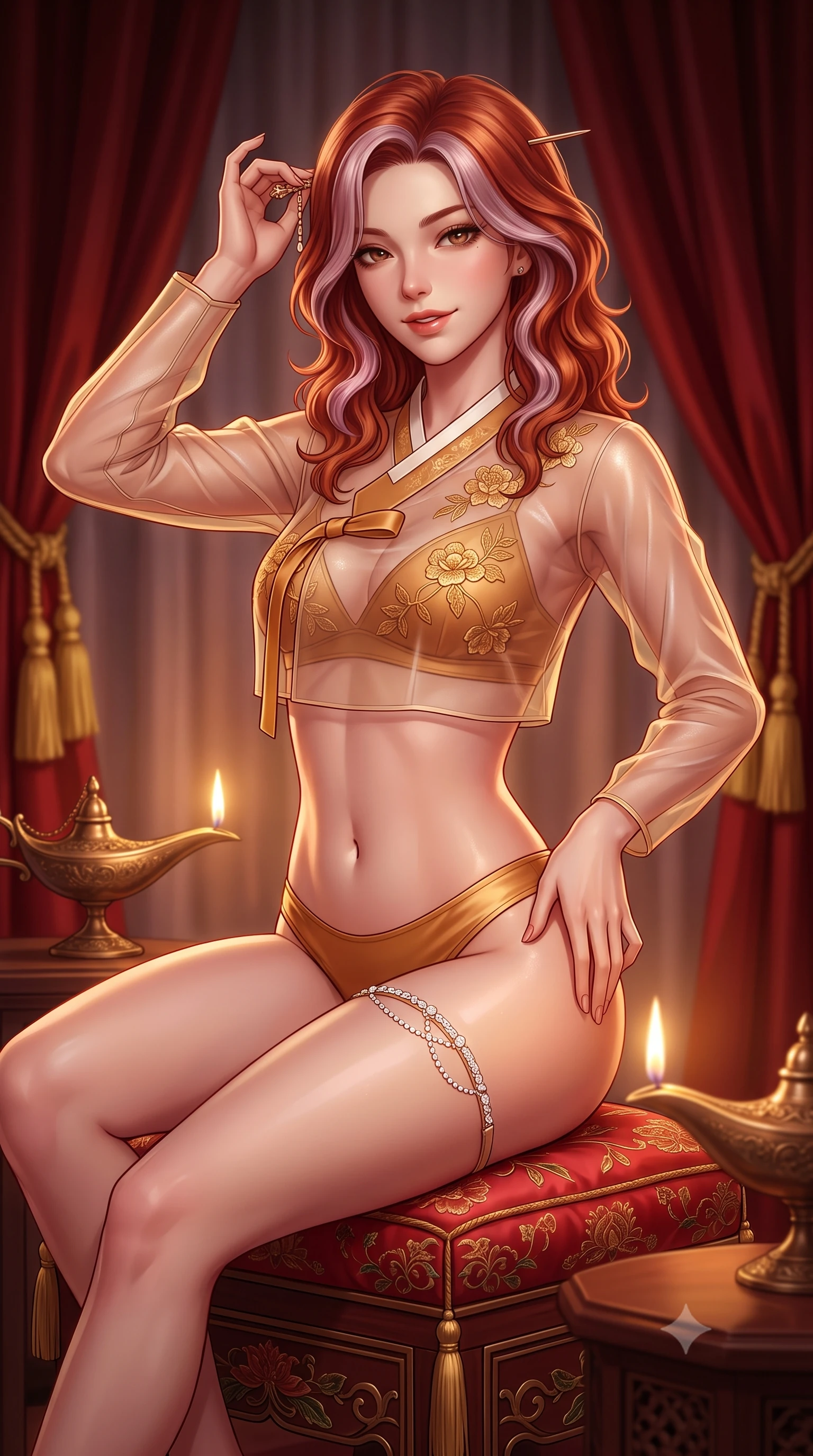 score_9, masterpiece, best quality, ultra-detailed, high-budget anime keyframe, semi-realistic 3D game render, editorial fashion photography, tasteful artistic composition, Caucasian woman. close-up cowboy shot from the waist and thighs up, the character dominates the composition, filling the frame with her large presence. tilting her head with a teasing half-smile, running one hand slowly down the side of her hip in a flirtatious S-curve as ambient light caresses her silhouette while sitting perched gracefully on an embroidered red silk hassock, one hand adjusting her hairpin with sovereign high-society allure. The background shows a soft-focus heavy crimson silk curtains and golden tassel ties softened in opulent royal boudoir shallow focus. She has an exceptionally elegant, slender, and willowy female figure with an ultra-slim waist, flat toned midriff, narrow ribcage, and sculpted feminine hips creating an alluring, slim hourglass silhouette without bulk. sharp v-shaped jawline, high-bridge nose, sparkling eyes with hypnotic seductive depth, thick curled eyelashes, glossy parted lips with a natural dewy peach sheen, alluring bedroom-eyes with an enchanting coquettish smile, exuding magnetic siren charisma and sophisticated glamour, flawlessly proportioned anatomical accuracy, strict slender model proportions, natural body alignment, perfectly sculpted long slender limbs, ultra-slim waistline, clean dynamic posture without body distortion. wearing a provocative sheer illusion mesh jeogori with strategic embroidered silk flowers over a micro-bralette and satin briefs in warm amber honey and antique gold leaf, made of delicate semi-sheer Korean gossamer organza with subtle pearlescent glints, accented with a delicate crystal-encrusted thigh garter strap glinting under the lights, the form-contouring silhouette accentuating her sculpted flat midriff, narrow delicate ribcage, and gracefully curvy hips with intoxicating allure. bathed in soft moody amber chiaroscuro lighting spilling from ornate bronze oil lamps. highly saturated vibrant anime colors, detailed shading with soft gradients, rich glossy textures, high-contrast stereoscopic depth, volumetric dynamic lighting, master piece, 9:16 ratio