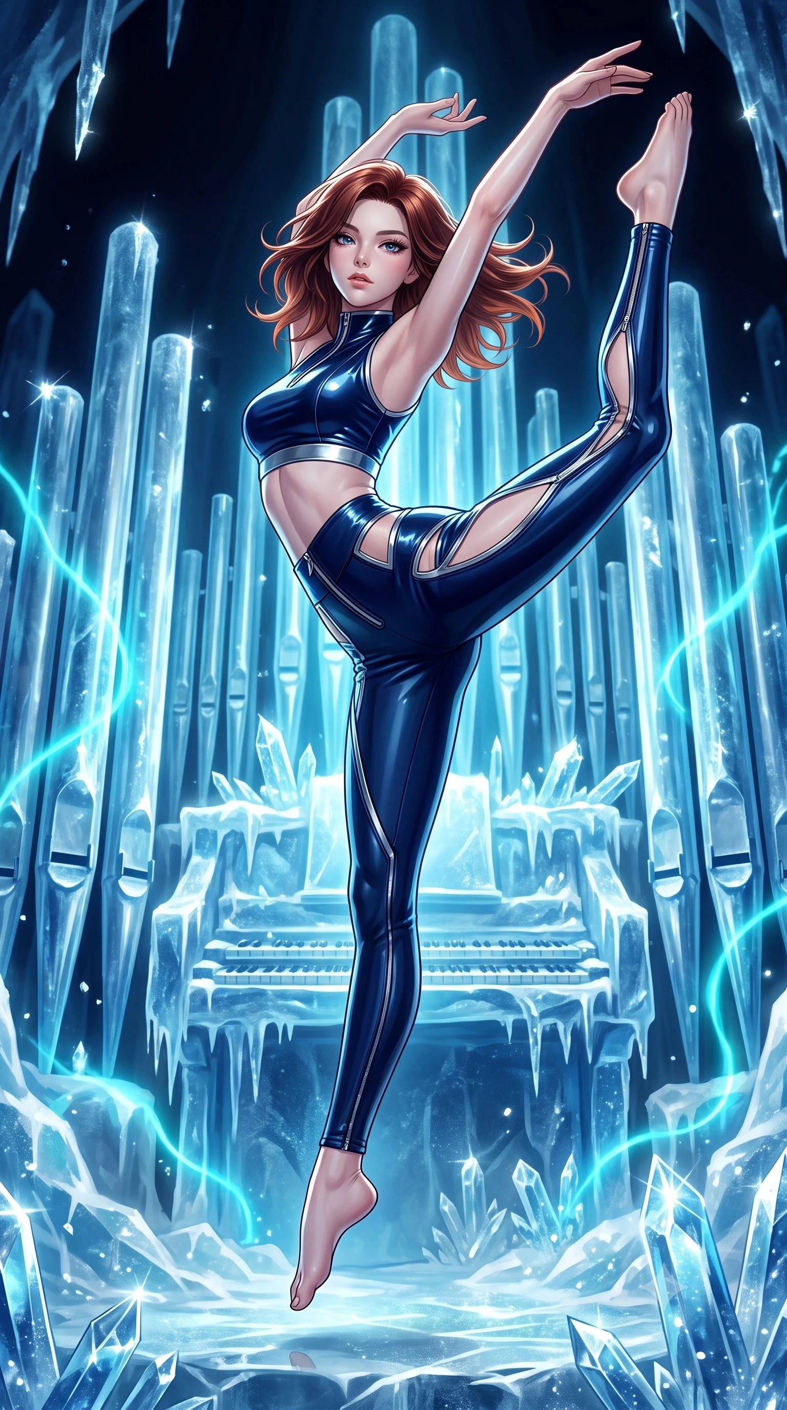 score_9, masterpiece, best quality, ultra-detailed, high-budget anime keyframe, editorial fashion photography, tasteful artistic composition, Korean woman. low angle full-body shot from head to toe showing her feet, filling the entire 9:16 vertical frame with her statuesque presence, stretching her vertical silhouette. performing an athletic mid-air rotation with flawless poise, her vertical silhouette beautifully stretched while leaping across a frozen pipe organ stage as cyan neon aria lights pulse rhythmically, glimmering ice crystals scattering crisp silver specular highlights everywhere. She has an absolutely perfect, statuesque 8.5-heads proportion, an exceptionally tall and slender model-like female figure with impossibly long slender legs and an ultra-slim waist. sharp v-shaped jawline, high-bridge nose, intricate jewel-like eyes with depth, thick eyelashes, glossy lips with a natural sheen, flawlessly proportioned anatomical accuracy, natural body alignment, perfectly sculpted elegant limbs, clean dynamic posture without body distortion. wearing a glossy vinyl crop top and high-waist tailored leggings with sleek zippers in midnight navy blue and chrome trim, formed from sleek second-skin neoprene, featuring clean architectural cutouts along her slender torso, the tailored fabric tightly following every curve of her athletic build. surrounded by a high-contrast icy luminescence and deep velvet shadows. highly saturated vibrant anime colors, detailed shading with soft gradients, rich glossy textures, high-contrast stereoscopic depth, volumetric dynamic lighting, master piece, 9:16 ratio