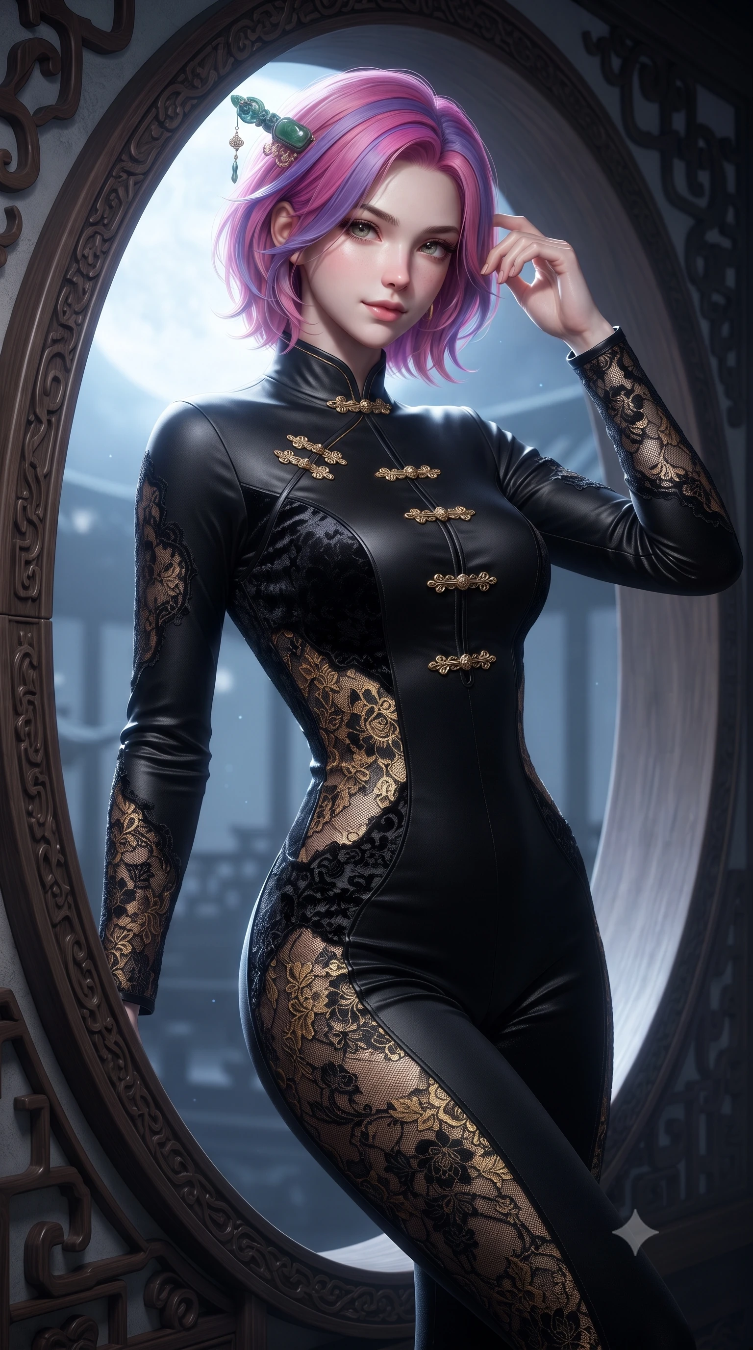 score_9, masterpiece, best quality, ultra-detailed, high-budget anime keyframe, editorial fashion photography, tasteful artistic composition, Caucasian woman. close-up cowboy shot from the waist and thighs up, the character dominates the composition, filling the frame with her large presence. tilting her head with an alluring smile while arching her spine with dancer poise, one hand touching her ornate jade hairpin in a flirtatious S-curve while leaning against the circular timber frame with hips cocked back, looking into the lens with an enchanting, tranquil bedroom-gaze. The surrounding environment is rendered in vivid detail and crisp panoramic clarity: detailed raw silk fabric sheen, moonlight specular highlights on skin, and classical Zen temple architecture in razor-sharp precision. She has an exceptionally elegant, slender, and willowy female figure with an ultra-slim waist, flat toned midriff, narrow ribcage, and sculpted feminine hips creating an alluring, slim hourglass silhouette without bulk. sharp v-shaped jawline, high-bridge nose, intricate jewel-like dark sparkling almond eyes with depth, thick lashes, glossy parted lips with a natural rose-plum sheen, bright alluring and coquettish smile with bedroom-eyes, exuding both timeless oriental elegance and sovereign high-fashion allure, flawlessly proportioned anatomical accuracy, strict slender model proportions, natural body alignment, perfectly sculpted long slender limbs, ultra-slim waistline, clean dynamic posture without body distortion. wearing a second-skin black silk jersey catsuit with delicate oriental floral lace panels along the ribs and thighs in antique saffron gold and ebony black, crafted from sumptuous crushed winter velvet with deep light-absorbing plushness, accented with intricate gold frog buttons and a delicate mandarin collar, the glove-like silhouette tightly following the natural contour of her hips and long slender legs with youthful 8.5-heads elegance. bathed in pristine silver moonlight pouring through the circular moon-gate aperture. ultra-reflective glossy finish, specular highlights, rich textural contrasts, high-contrast stereoscopic depth, volumetric dynamic lighting, 2k, ultra detail, master piece, 9:16 ratio