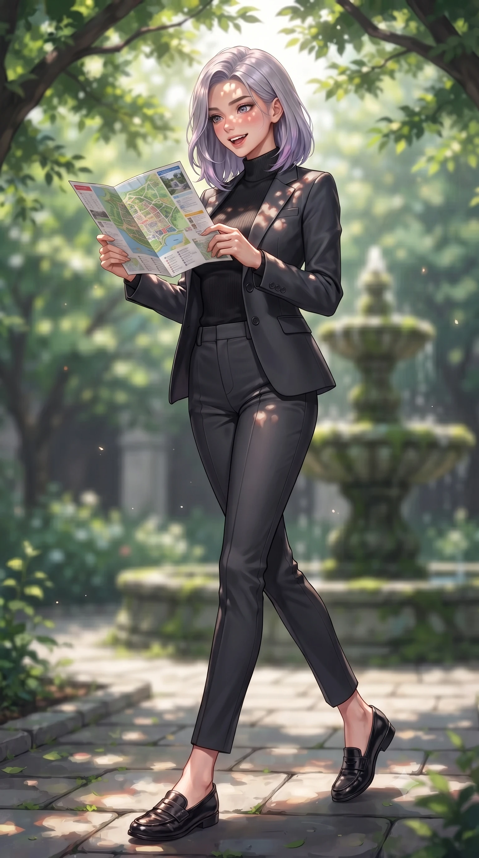 score_9, masterpiece, best quality, ultra-detailed, high-budget anime keyframe, editorial fashion photography, tasteful artistic composition, Caucasian woman. low angle full-body shot from head to toe showing her feet, filling the entire 9:16 vertical frame with her statuesque presence, stretching her vertical silhouette. stepping forward with an alluring, magnetic smile, her graceful posture highlighting her statuesque silhouette set against a soft-focus background of walking down a leafy pathway of a quiet university garden with stone fountains looking at a campus map brochure with a cheerful, curious look. She has an absolutely perfect, statuesque 8.5-heads proportion, an exceptionally tall and slender model-like female figure with impossibly long slender legs and an ultra-slim waist. sharp v-shaped jawline, high-bridge nose, intricate jewel-like eyes with depth, thick eyelashes, glossy lips with a natural sheen. wearing body-hugging tight-fitting tailored blazer in charcoal, closed over a body-hugging black top and slim trousers. dappled sunlight creating beautiful light patterns on her skin and the ground. highly saturated vibrant anime colors, detailed shading with soft gradients, rich glossy textures, high-contrast stereoscopic depth, volumetric dynamic lighting, master piece, 9:16 ratio