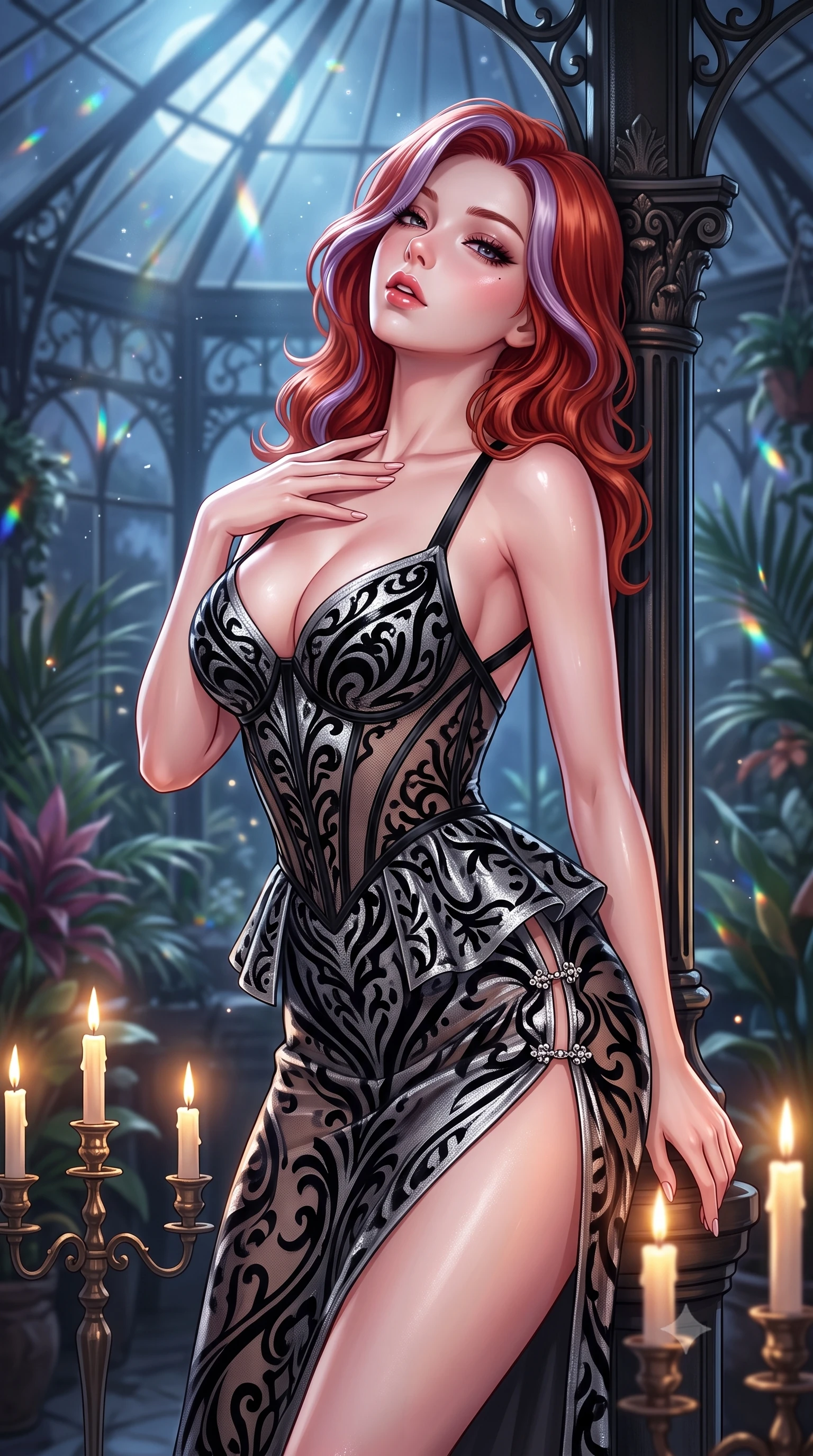 score_9, masterpiece, best quality, ultra-detailed, high-budget anime keyframe, semi-realistic 3D game render, editorial fashion photography, tasteful artistic composition, Caucasian woman. close-up cowboy shot from the waist and thighs up, the character dominates the composition, filling the frame with her large presence. resting one manicured hand delicately on her bare collarbone, her upper body twisting in a fluid, voluptuous yet slender curve while leaning back against an ornate wrought-iron conservatory pillar, head tilted in ecstasy with parted glossy lips. The composition keeps background elements in soft focus with creamy bokeh. shimmering lunar prism refractions and floating dust motes scattering velvet light across the glasshouse. She has an exceptionally elegant, slender, and willowy female figure with an ultra-slim waist, a gracefully sculpted slender torso, toned flat midriff, and a refined slim silhouette. sharp v-shaped jawline, high-bridge nose, intricate jewel-like eyes with depth, thick eyelashes, glossy parted lips with a natural sheen, intensely captivating and seductive expression, flawlessly proportioned anatomical accuracy, strict slender model proportions, natural body alignment, perfectly sculpted long slender limbs, ultra-slim waistline, clean dynamic posture without body distortion. wearing an architectural peplum corset dress with crossed back straps and a high side slit in raven black and shimmering silver mercury, made of sheer contouring mesh with velvet flocking patterns, finished with an ultra-high side slit secured by miniature jeweled clasps, the liquid-tight tailored fabric emphasizing every curve of her tall, slender model proportions and sculptured silhouette during dynamic movement. bathed in cold lunar moonlight from above and warm flickering candle uplights from below. highly saturated vibrant anime colors, detailed shading with soft gradients, rich glossy textures, high-contrast stereoscopic depth, volumetric dynamic lighting, master piece, 9:16 ratio
