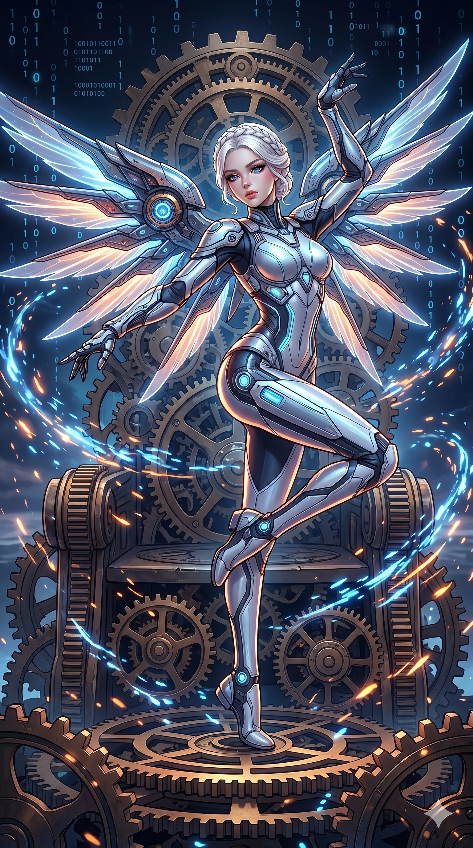 score_9, masterpiece, best quality, ultra-detailed, Set A: High-budget Anime Keyframe, Caucasian (strictly human ears) woman. Upper body close-up from the thighs up, character filling the screen for maximum presence. Dancing through a throne of gears, while a digital blizzard of 299 bits obscures the horizon and surrounded by glowing energy sparks. She has an absolutely perfect 8-heads proportion, an exceptionally tall and slender female figure with impossibly long slender legs and an ultra-slim waist. Sharp v-shaped jawline, high-bridge nose, intricate jewel-like eyes with depth, thick eyelashes, glossy lips with a natural sheen. Wearing Cybernetic wingsuit with glowing wing membranes and a sleek pilot bodysuit. Cinematic lighting, vibrant colors, dramatic shadows, 2k, ultra detail, master piece, 9:16 ratio