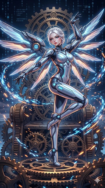 score_9, masterpiece, best quality, ultra-detailed, Set A: High-budget Anime Keyframe, Caucasian (strictly human ears) woman. Upper body close-up from the thighs up, character filling the screen for maximum presence. Dancing through a throne of gears