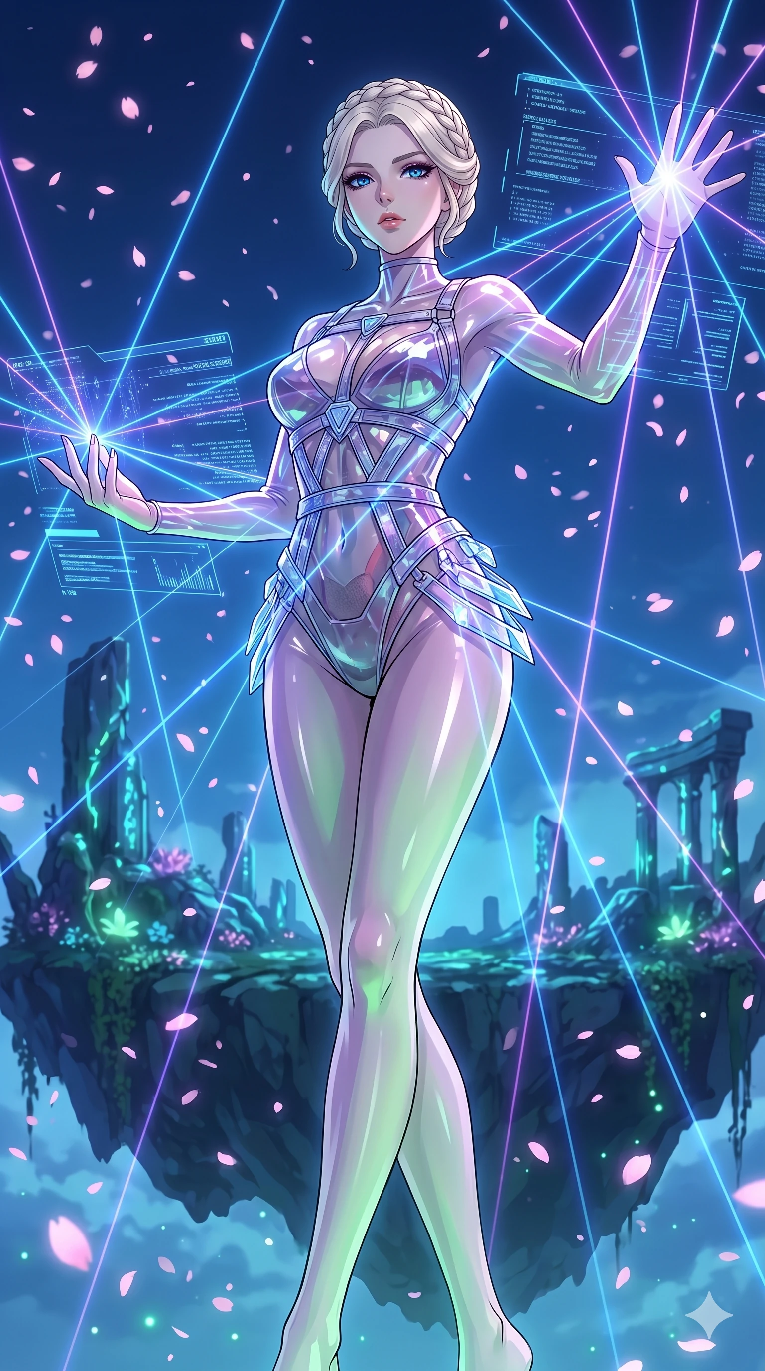 score_9, masterpiece, best quality, ultra-detailed, High-budget Anime Keyframe, vibrant colors, fluid line-art, expressive lighting, cinematic composition, Ufotable-style visual effects, top-tier animation quality, Caucasian woman with pale skin, blonde hair, and (strictly human ears). Low angle cowboy shot filling the entire 9:16 frame with her statuesque presence, looking up to emphasize her height. Orchestrating a complex symphony of laser lights and holographic projections in a grand futuristic concert hall. She has an absolutely perfect 8-heads proportion, an exceptionally tall and slender female figure with impossibly long slender legs and an ultra-slim waist, her statuesque height and towering silhouette dominating the vertical 9:16 frame. Her face is a masterpiece featuring a sharp v-shaped jawline, high-bridge nose, intricate jewel-like eyes with depth, thick eyelashes, and glossy lips with a natural sheen. She is wearing a Fitted bodysuit with a complex integrated harness system and streamlined silhouette crafted from Transparent PVC with a high-gloss finish that reveals the intricate layers beneath, featuring a crystalline structure that catches the light and reveals her slender frame. The scene is set in an ancient floating island with pink cherry blossoms falling like snow against a blue sky, illuminated by soft bioluminescent glow from the environment casting ethereal colors on her skin. 2k, ultra detail, master piece, 9:16 ratio