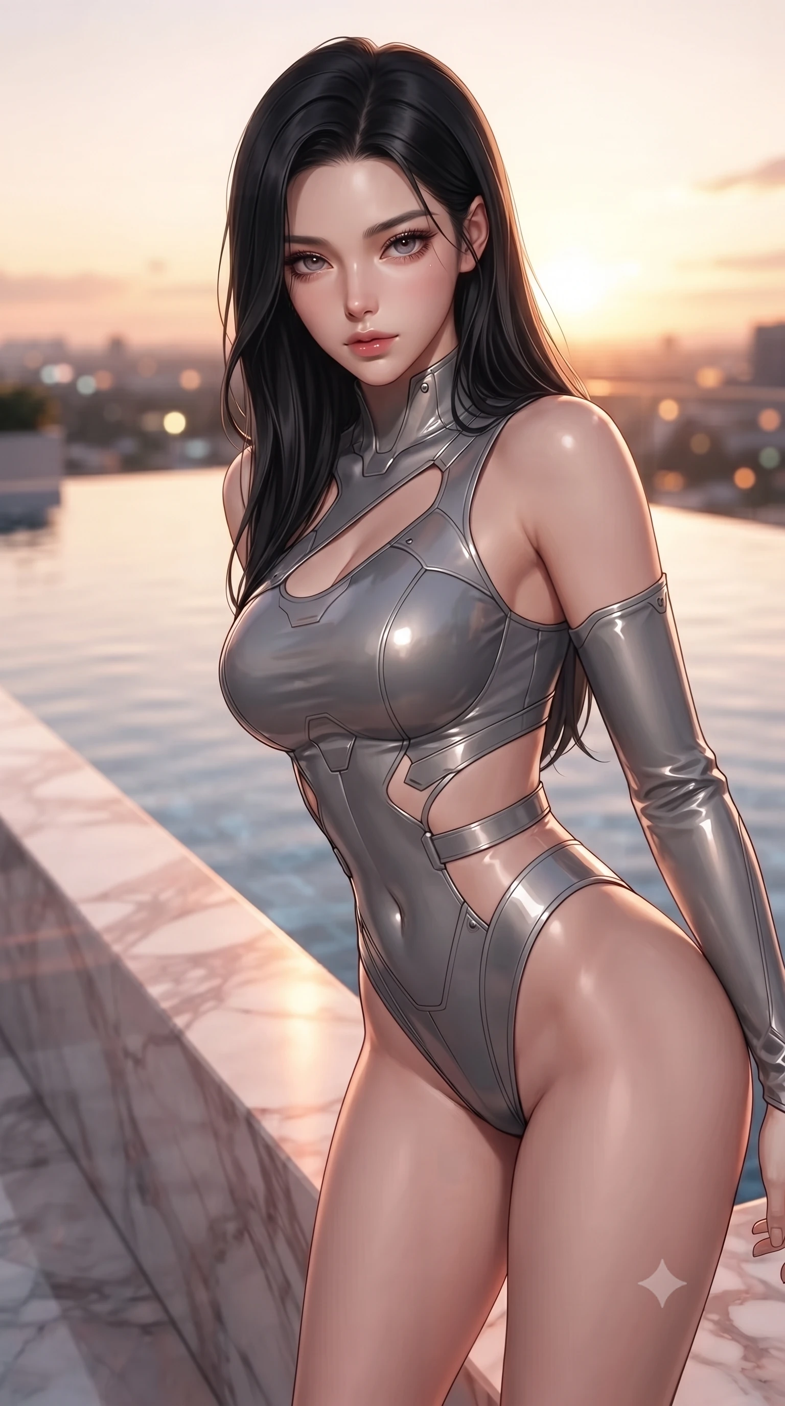 score_9, masterpiece, best quality, ultra-detailed, high-budget anime keyframe, editorial fashion photography, tasteful artistic composition, Korean woman. close-up cowboy shot from the waist and thighs up, the character dominates the composition, filling the frame with her large presence, background elements kept in soft focus. Leaning slightly forward with a composed, seductive gaze under soft glowing light poised beside a infinity reflecting pool mirroring a warm sunset sky, soft rose-gold and amber sunset light reflecting off polished marble. She has an exceptionally elegant, slender, and willowy female figure with an ultra-slim waist, a gracefully sculpted slender torso, and a refined silhouette. sharp v-shaped jawline, high-bridge nose, intricate jewel-like eyes with depth, thick eyelashes, glossy lips with a natural sheen. wearing an asymmetrical high-cut tech-bodysuit with detached sleeves and waist-framing straps, the glove-like fit emphasizing her statuesque silhouette. lit by brilliant warm key light softening into smooth, elegant gradients. ultra-reflective glossy finish, specular highlights, metallic sheen, high-contrast stereoscopic depth, volumetric dynamic lighting, 2k, ultra detail, master piece, 9:16 ratio